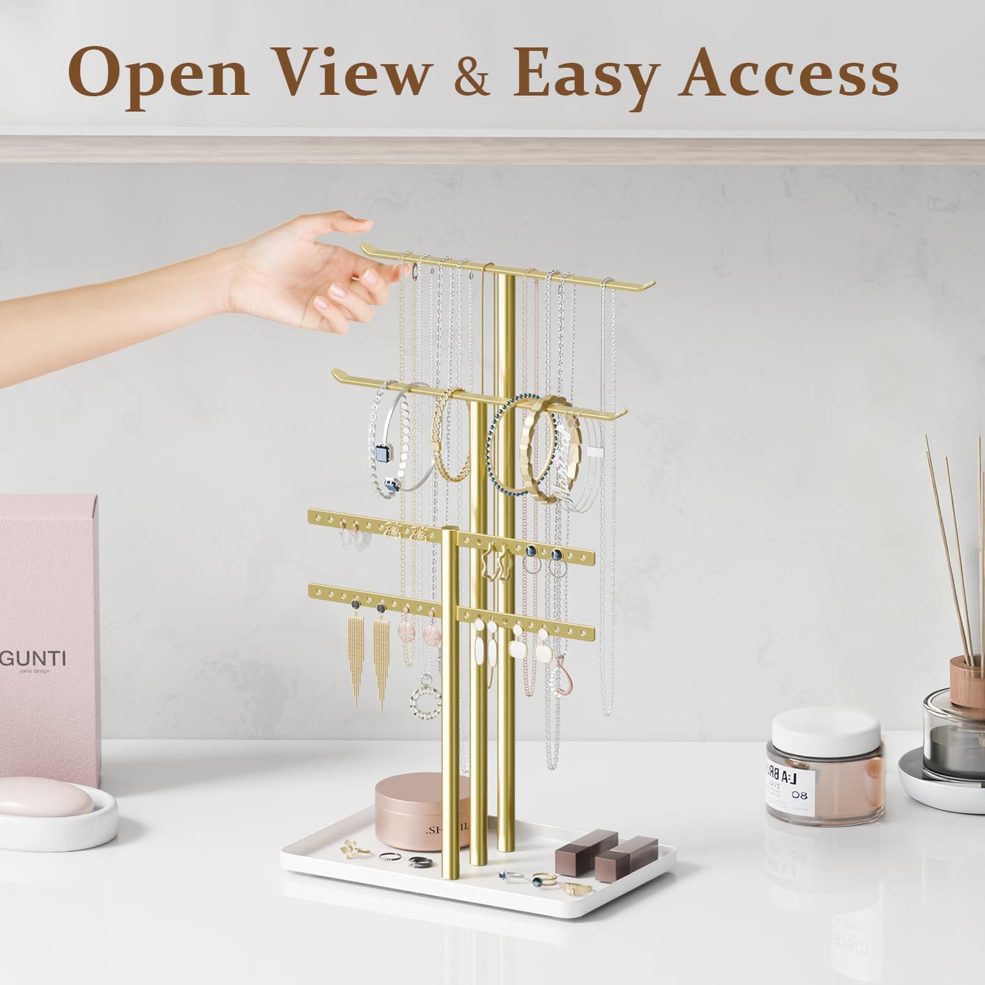 pickpiff Jewelry Stand Holder Organizer: 14.5" Sturdy Hanger for 80 Pcs Jewelry, Gift for Women, Gold Jewlery Tower for Necklace, Earring, Bracelet