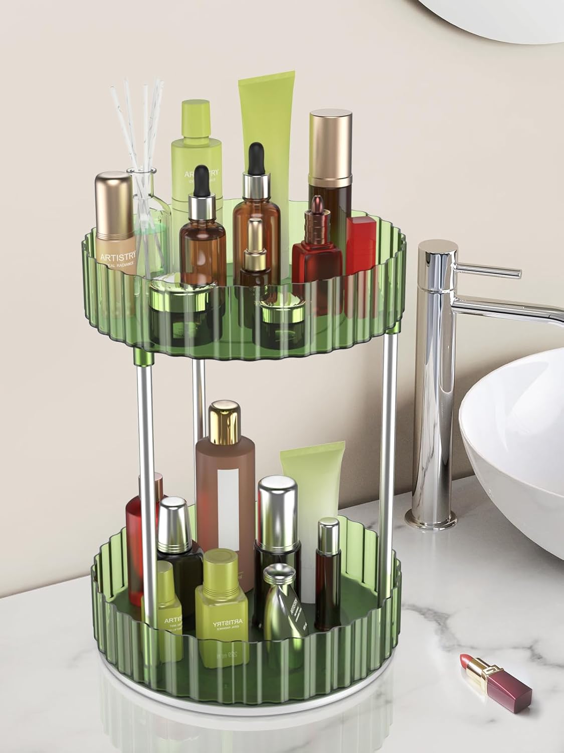 Makeup Organizer,360° Rotating Makeup Organizer,2-Tier Round Rotating Skincare Organizer Countertop,Fits Bedroom, Bathroom, Vanity Shelf Countertop(Green)