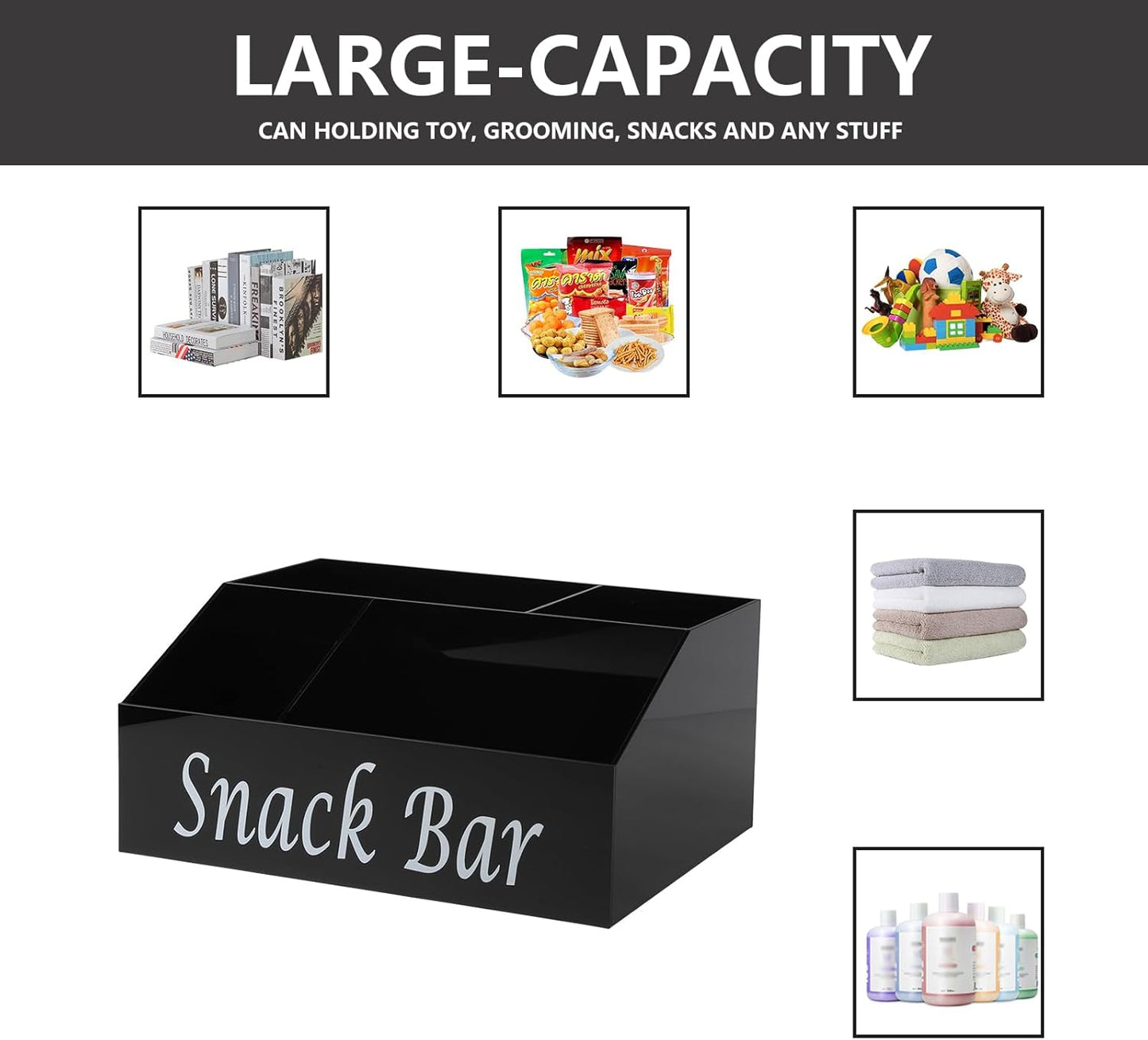 Snack Organizer for Countertop - Acrylic Storage Container With 4 Compartments for Kitchen Cabinet Pantry - Black Snack Bar Station