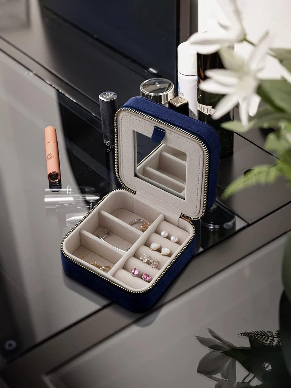 S.Leaf Travel Jewelry Organizer Boxes for Women Small Portable Necklace Earrings Bracelet Rings Travel Case Best Friend Birthday Gifts for Women Trendy (06_Suede_Touch_Navy)