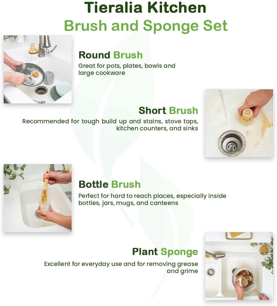 Tieralia Bamboo Dish Brush Gift Set โ 5-Piece Kitchen Cleaning Bundle with Bottle Brush, Palm Brush, Scrub Brush & Sponge Pads | Elegant Wood Handles, Scratch-Safe Bristles, Giftable Packaging