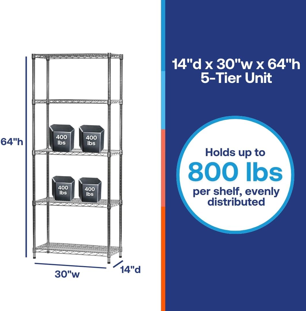Shelving Inc. 14"d x 30" w x 64" h Chrome Wire Shelving with 5 Tier Shelves, Weight Capacity 800lbs Per Shelf