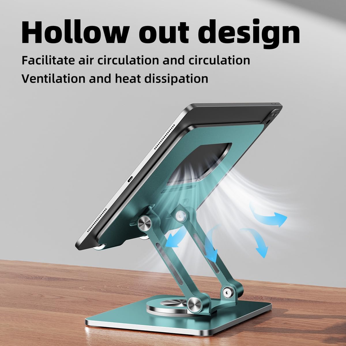 iPad Holder Stand, Tablet Holder with Thickened 360° Rotating Base Dual Rod Adjustable Aluminum Stand for All 4-12.9’’ iPad Surface Samsung Phone Tablet Kindle E-Reader and More, Space Gray