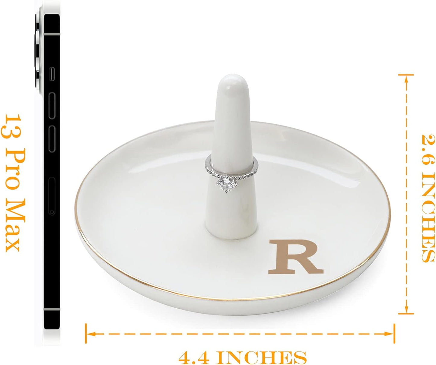 HOME SMILE Initials Ring Holder Jewery Tray with personalized R-Monogrammed Engagement Gifts for Friends,Birthday Mother's Day Christmas Gifts for Women,Ceramic White