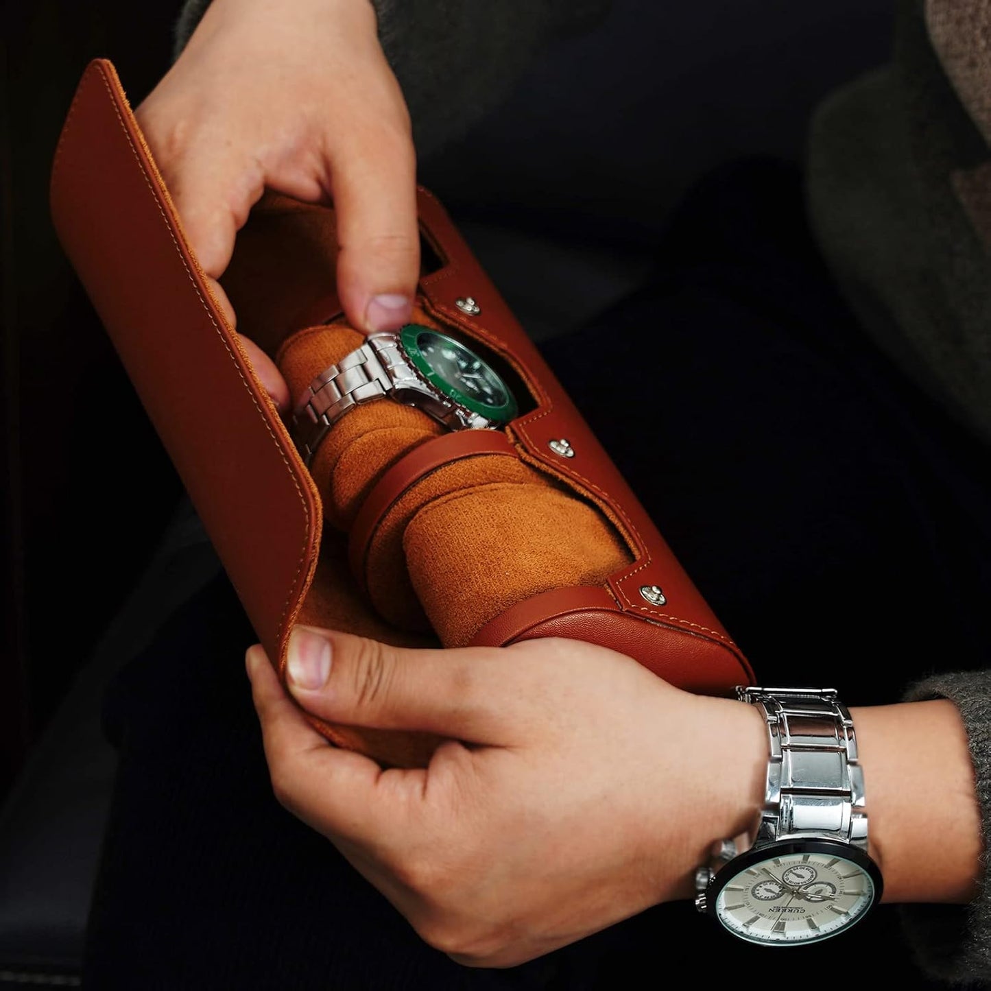 MR.OKAY 3 Watch Travel Case- Classic Leather Watch Case With Perfect Texture.Portable Watch Roll Or Organizer For Storage And Display. Luxury Gifts For Men, All Handmade by Artisans.