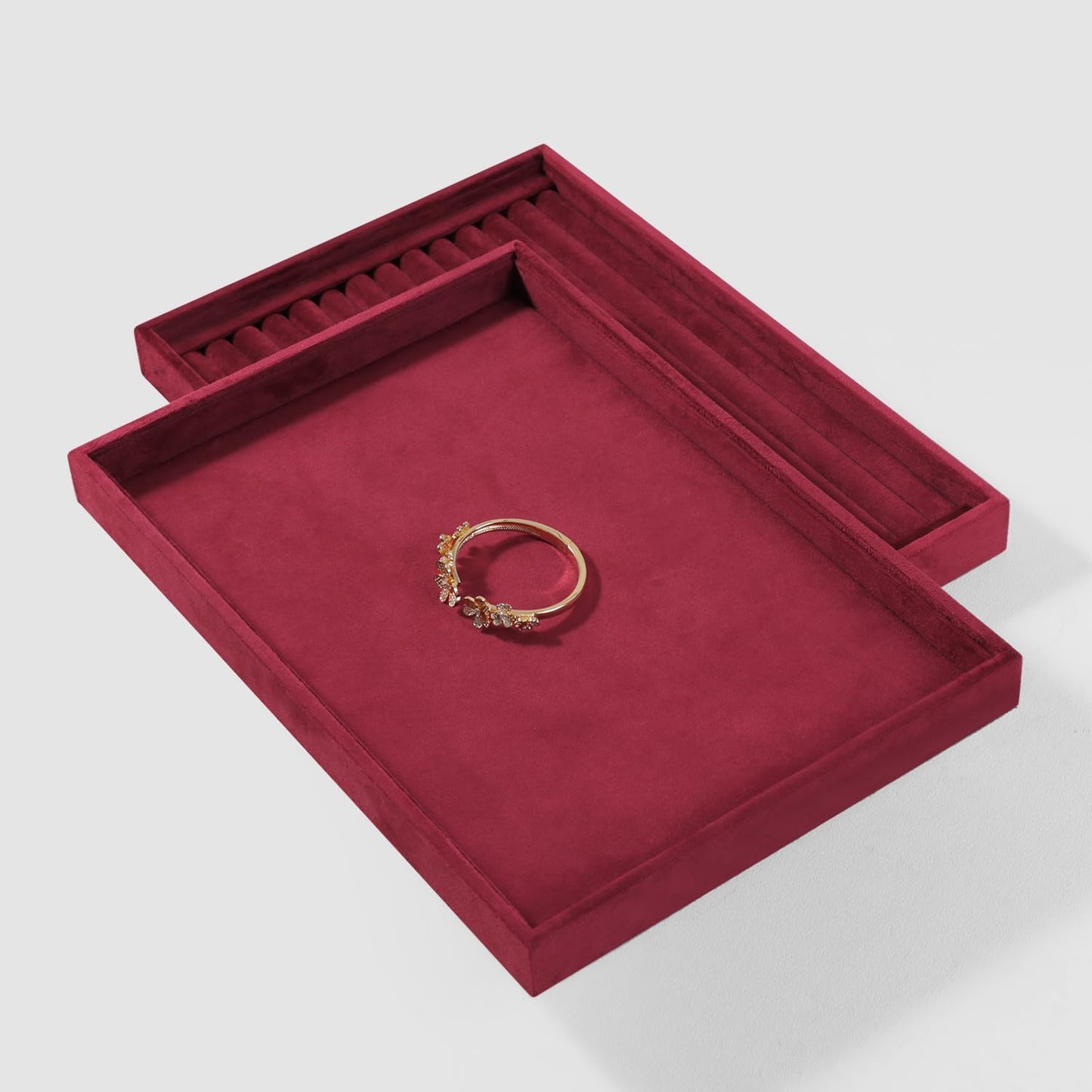 Velvet Stackable Jewelry Display Flat Tray For Ring Earring Necklace Bracelet, Bangle Pendant Storage Blank Plate, Shop Countertop Jewelry Dish Organizer (Red)