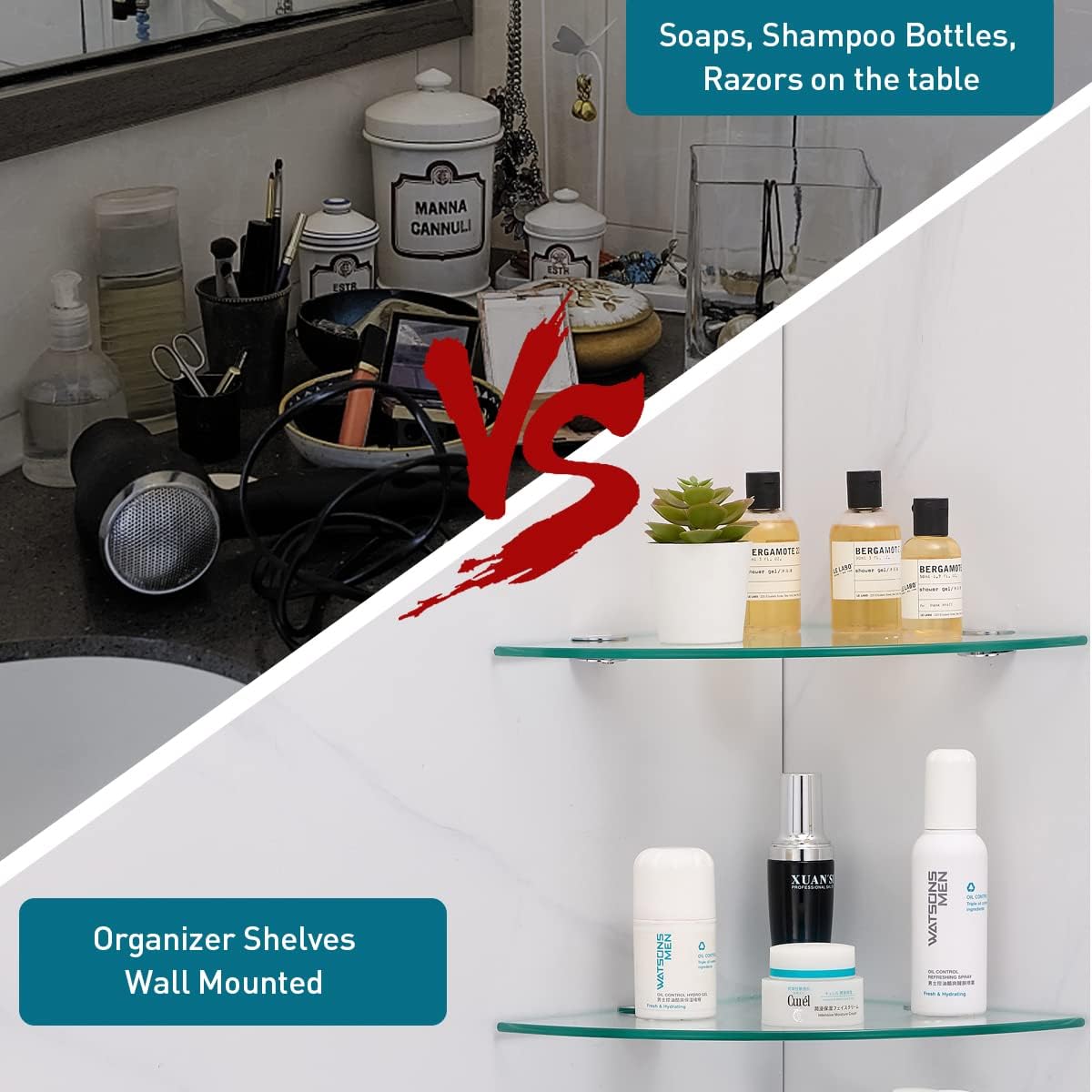 HouseMila Glass Shower Shelves - 3 Tier Corner Shelf with 3 Hangers, Drill Hole Glass Shelves for Bathroom Organizer