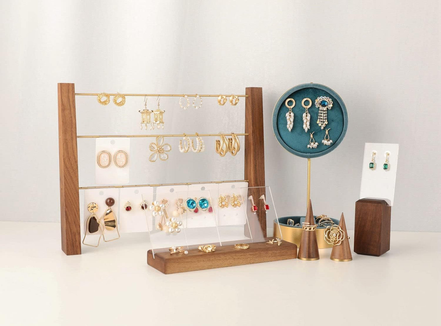 GemeShou 3 Tiers Walnut Earring display stands for selling, Wooden Jewelry Shelf, Earring Storage Organizer, Brass earring holders with 42 holes for stud Dangle Hoop【Walnut 3-Tier Height 9.45"】