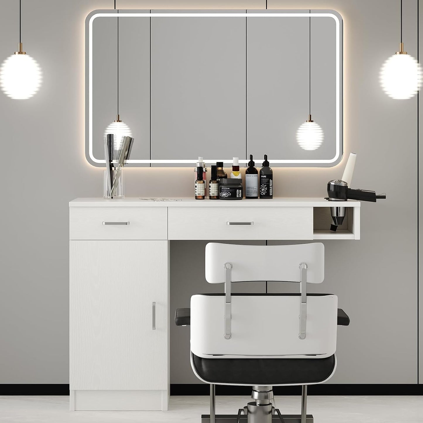 4ever2buy Salon Stations for Hair Stylist, Wall Mount Barber Station with Barber Cabinet, Hair Station Equipment Hair Dryer Holder, Drawers, Mirror not Included, White