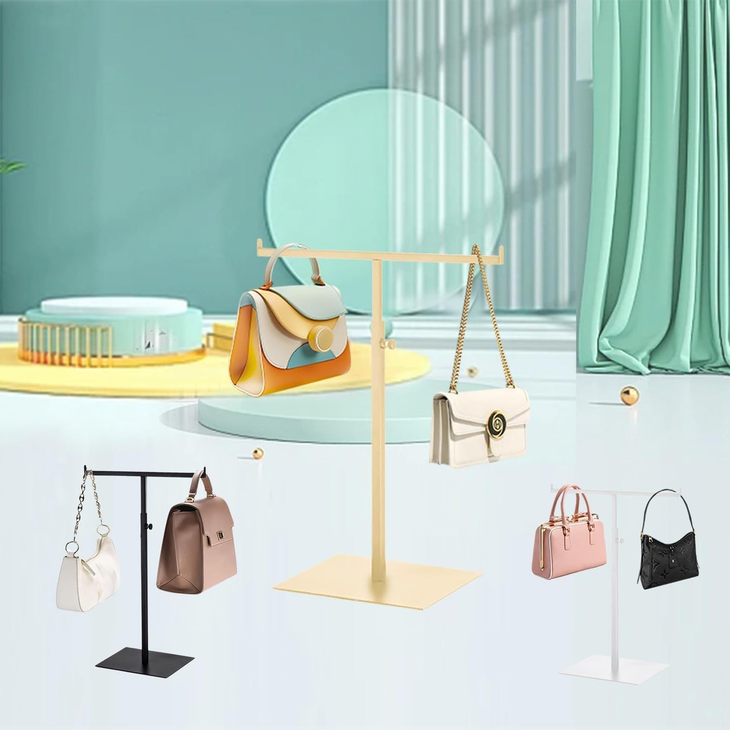 Purse Display Stand T Shaped, Countertop Jewelry/Scarf/Handbag T-Bar Display Stand, Tabletop Double Hook Hanging Stands for Long Necklaces, Metal with Adjustable Height - Gloden