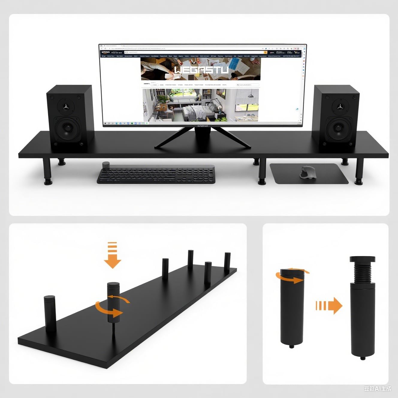 Large Dual Monitor Stand Riser 43.3IN, Home Office Storage For Desk Accessories,Solid Wod Desk With Adjustable Legs For computer/PC/Laptop/Printer/Container/dressing table (Black)