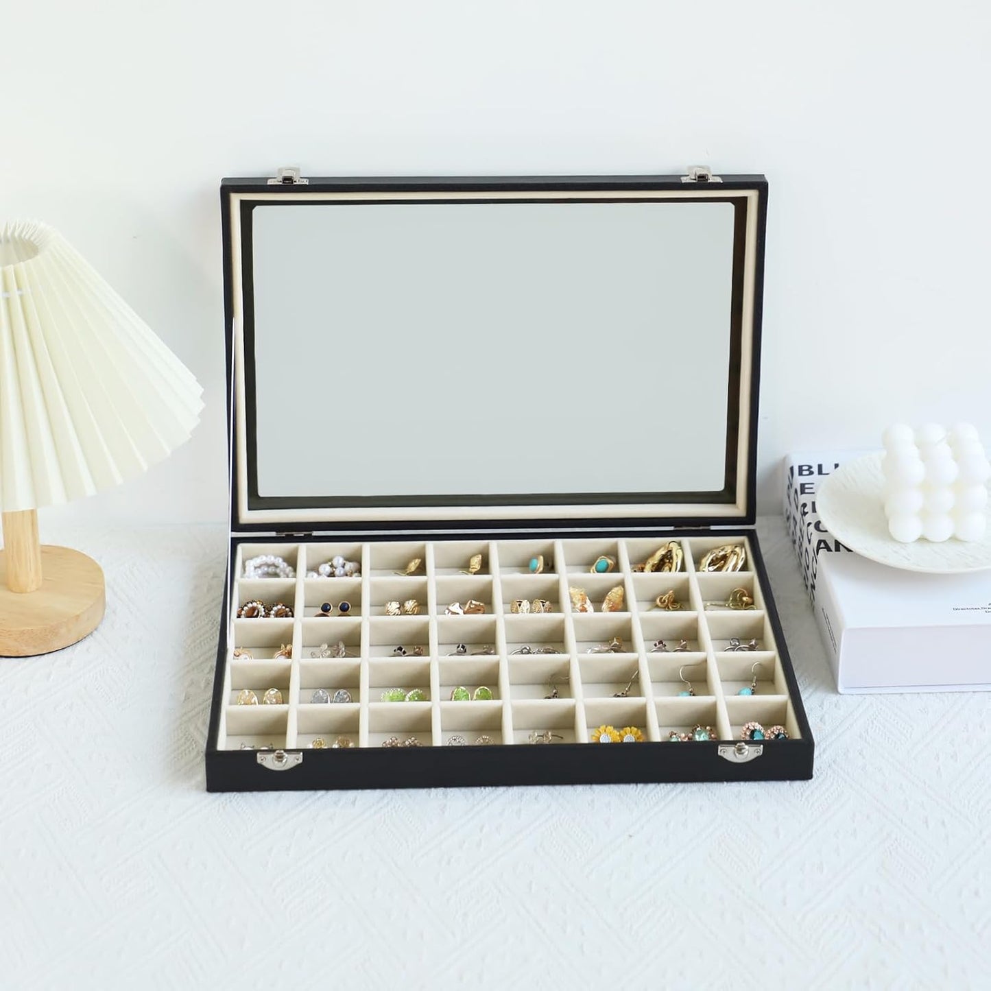Stratalife Jewelry Organizer 40 Grid Beige Black Jewelry Tray with Clear Dust-proof Lid Velvet Earring Organizer Necklace Rings Holder Display Drawer Storage Case for Women