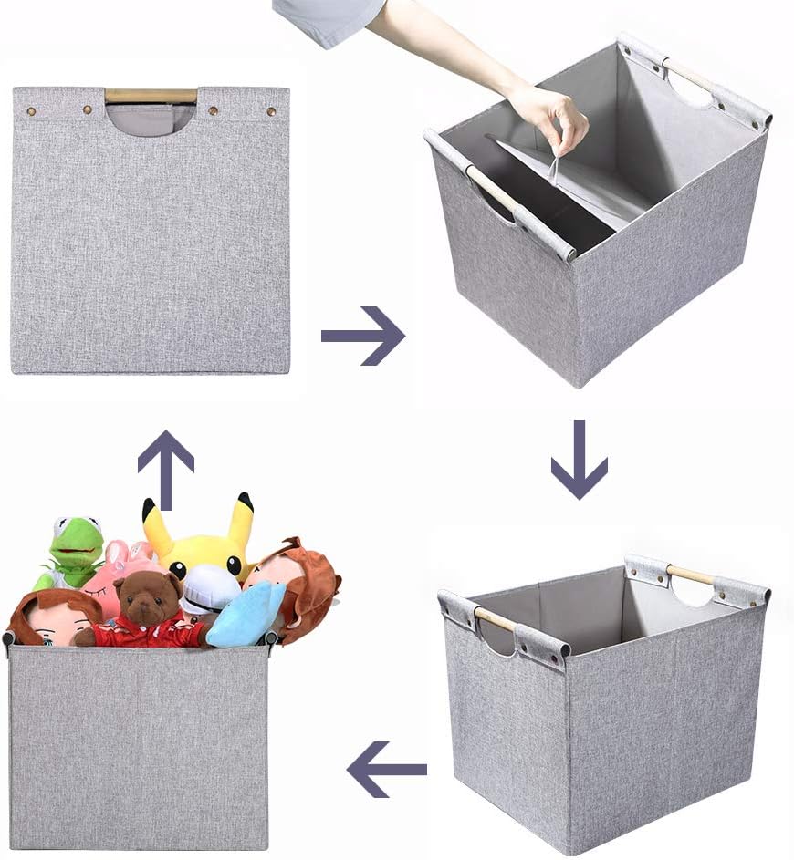 HOONEX Large Foldable Storage Bins, Linen Fabric, 2 Pack, with Wooden Carry Handles and Sturdy Heavy Cardboard, for Home, Office, Car, Nursery, Light Grey