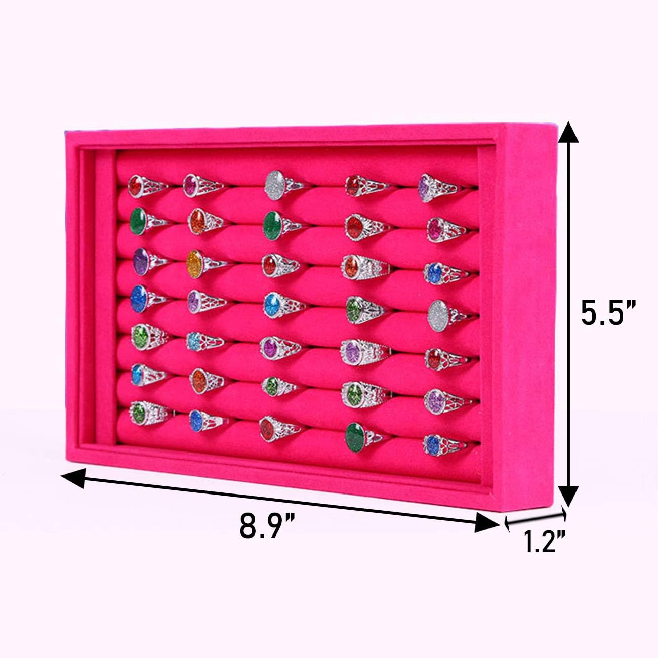 Tinsow Stackable 7 Slots Jewelry Rings Pink Earrings Tray Velvet Showcase Display Organizer (Pink)