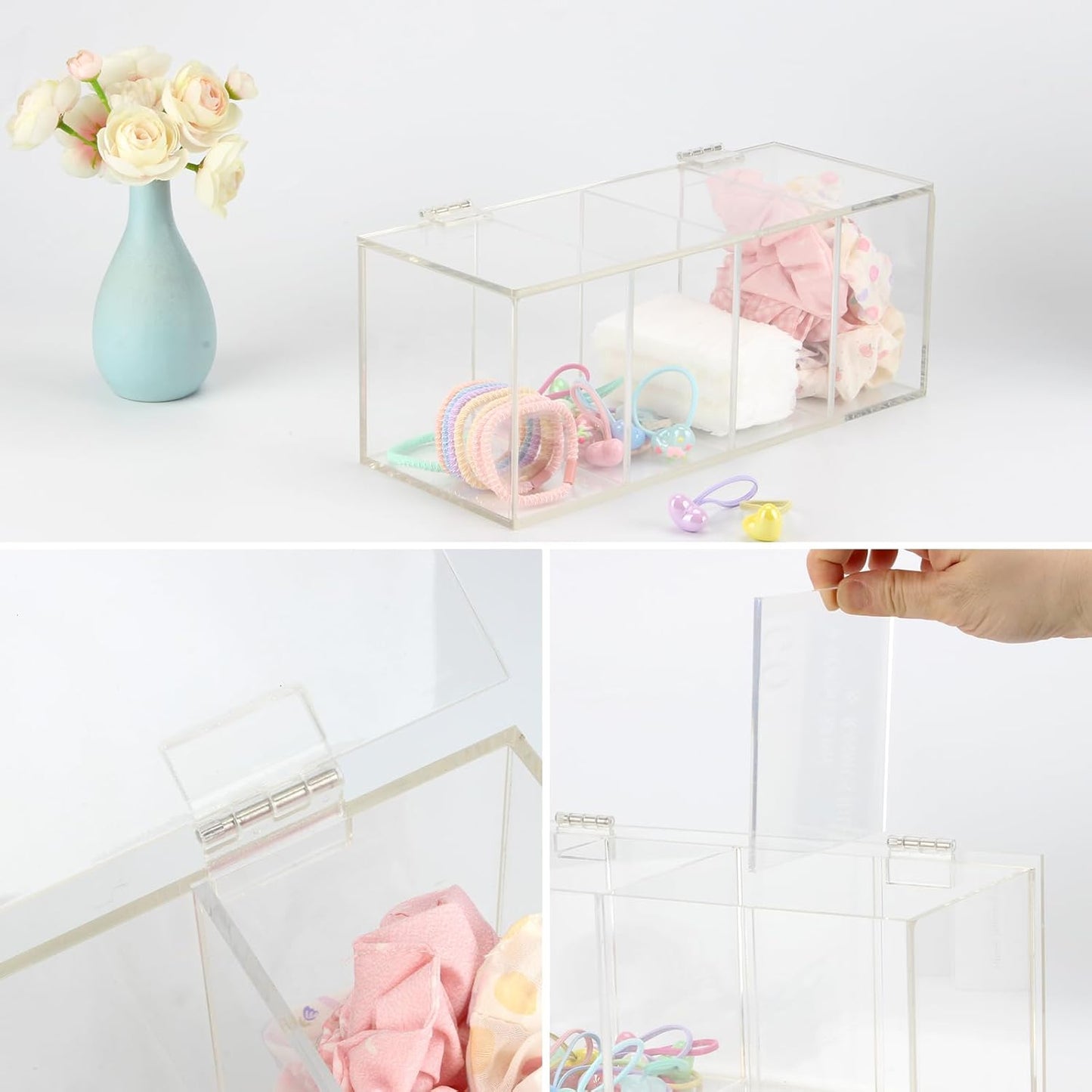 Hair Accessories Organizer for Girl, Acrylic Hair Tie Organizer Scrunchie Holder with Divider for Headband, Hair Clip, Cotton Swab, Cosmetic Cotton, Storage Box with Lid for Jewelry