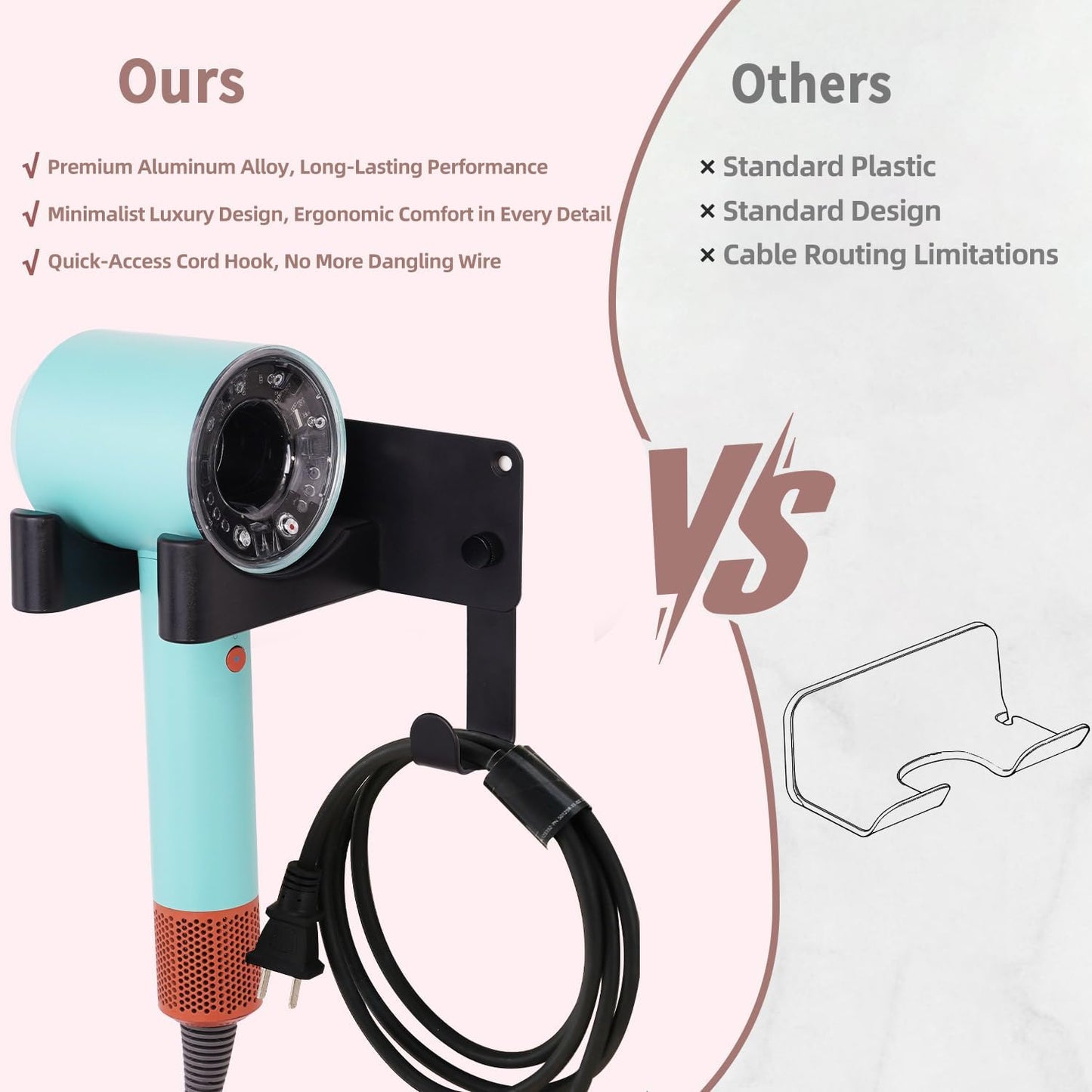Hair Dryer Holder, Aluminum Alloy Blow Dryer Holder with Adhesive/Screw Installation, Universal Hair Dryer Wall Mount Compatible with Dyson Hairdryer Holder for Bathroom Black UEMUSI