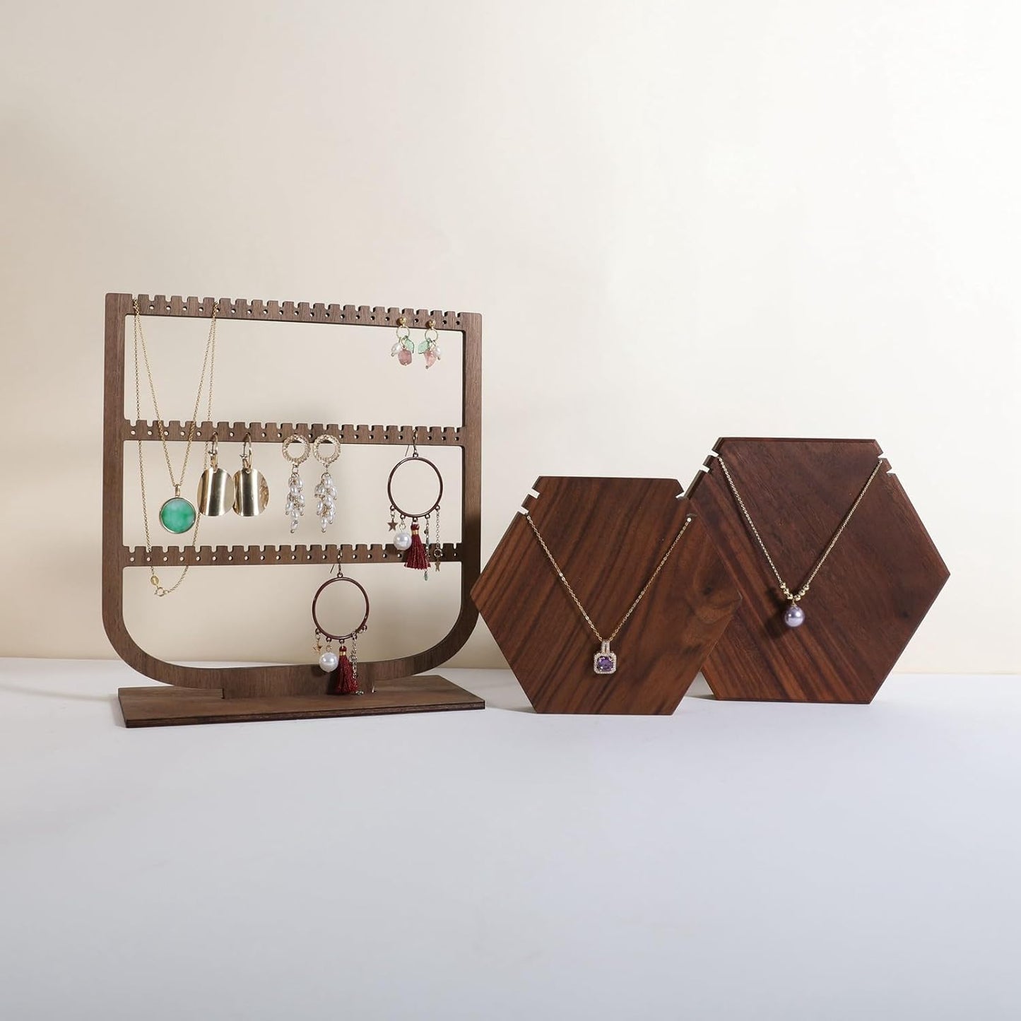 GemeShou wooden hanging jewelry organizer, walnut jewelry display holder for selling, dangle necklace storage shelf, 3 tier earring display stands for selling【Jewelry shelf-3 tier】