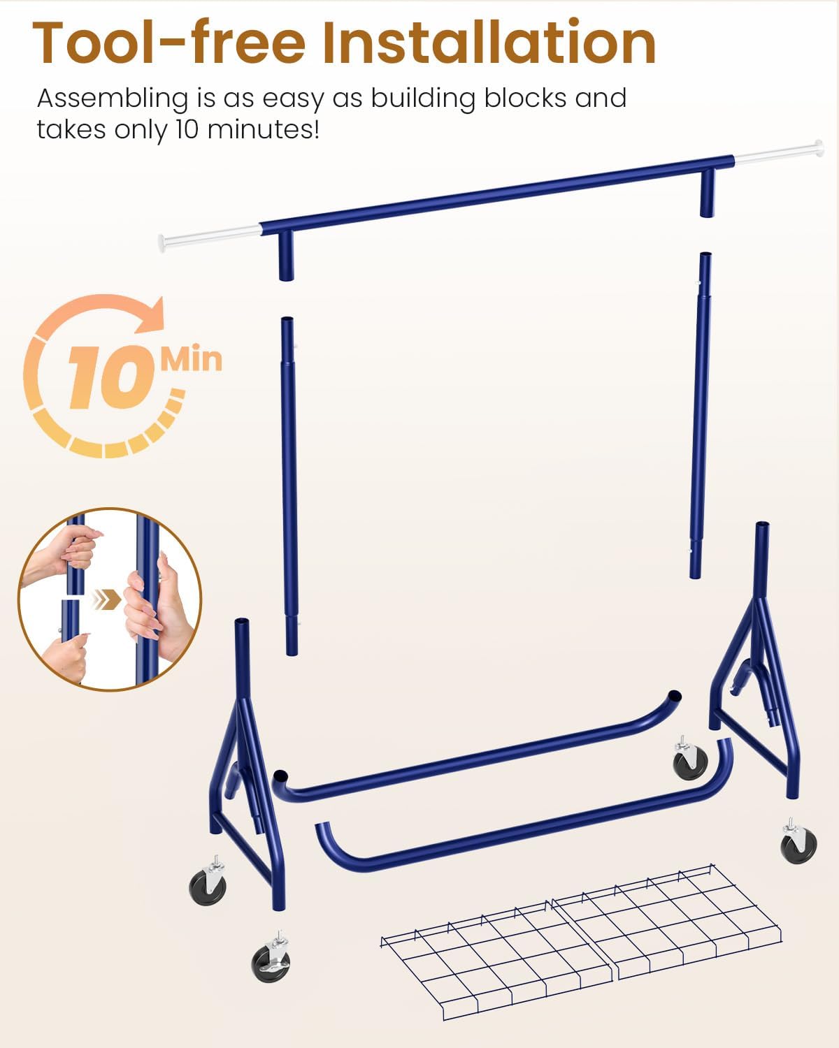 Heavy Duty Clothing Rack, Metal Clothes Rack Load 450 LBS, Rolling Coat Racks for Hanging Clothes with Lockable Wheels, Wardrobe Closet Garment Racks for Bedroom, Navy Blue