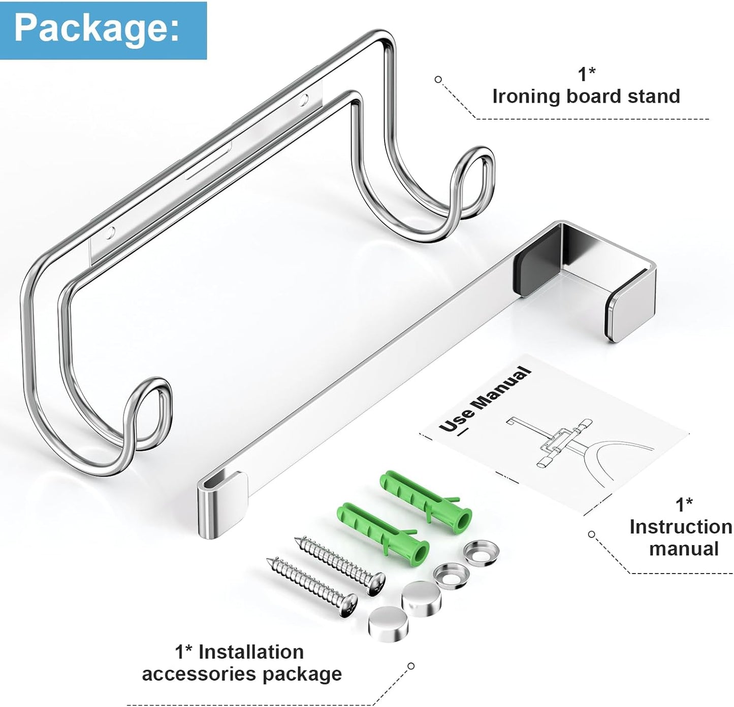 Ironing Board Holder Wall Mount, Over The Door Ironing Board Holder, Over The Door Or Wall Mount Ironing Board Hanger for Y & T Leg Iron Boards (Silver)