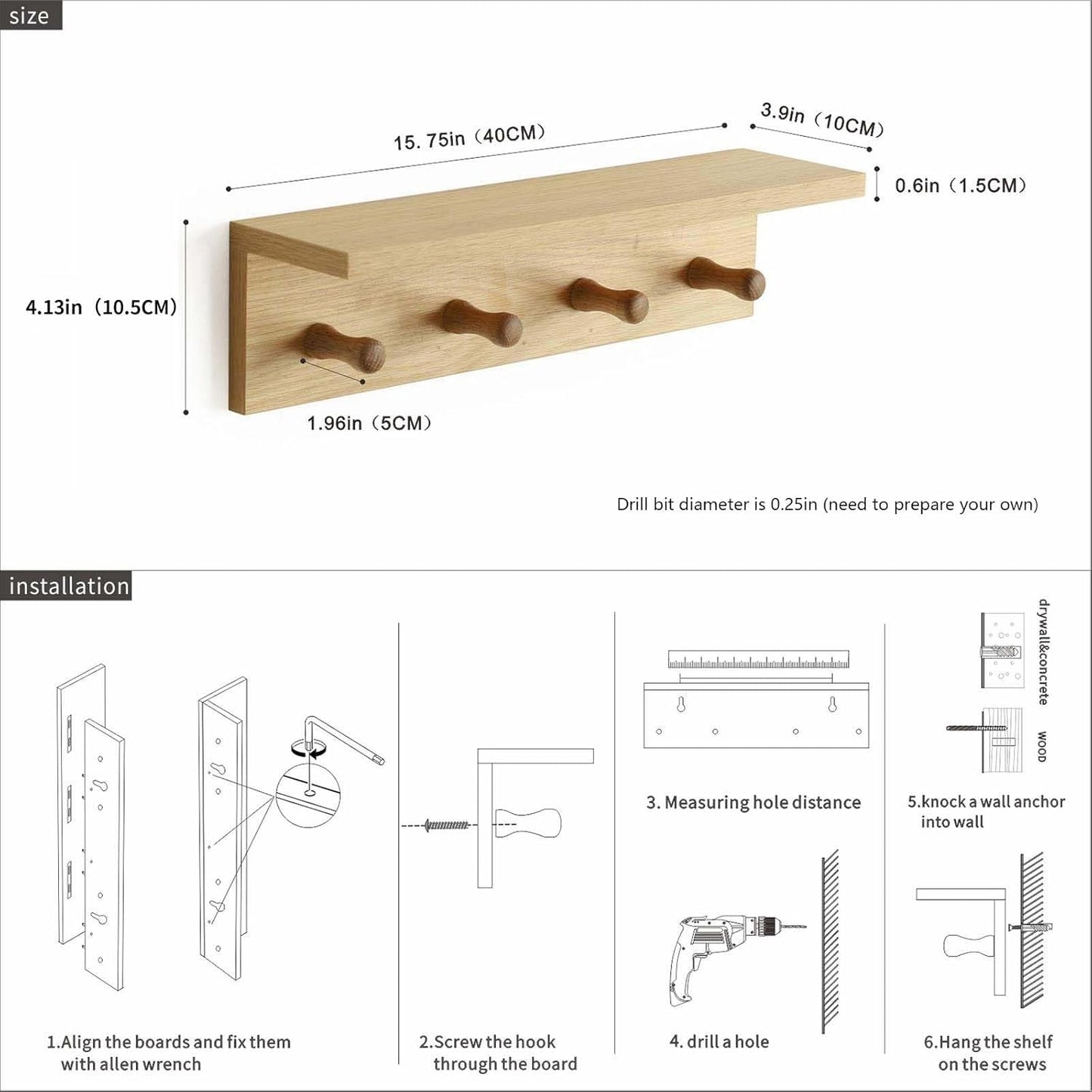 Entrance Coat Rack ,Coat Hooks, Wall-Mounted Wooden Hook Rack, Wall-Mounted Shelves are Very Suitable (Oak Colored Finish-1)