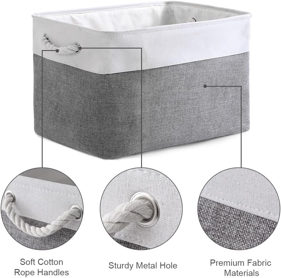 TheWarmHome Organization and Storage Basket for Organizing - 3 Pack 16x12x12 inch Cube Storage Bin Fabric Storage Cubes for Organizer Cloth Gift Toy Closet (White & Grey)