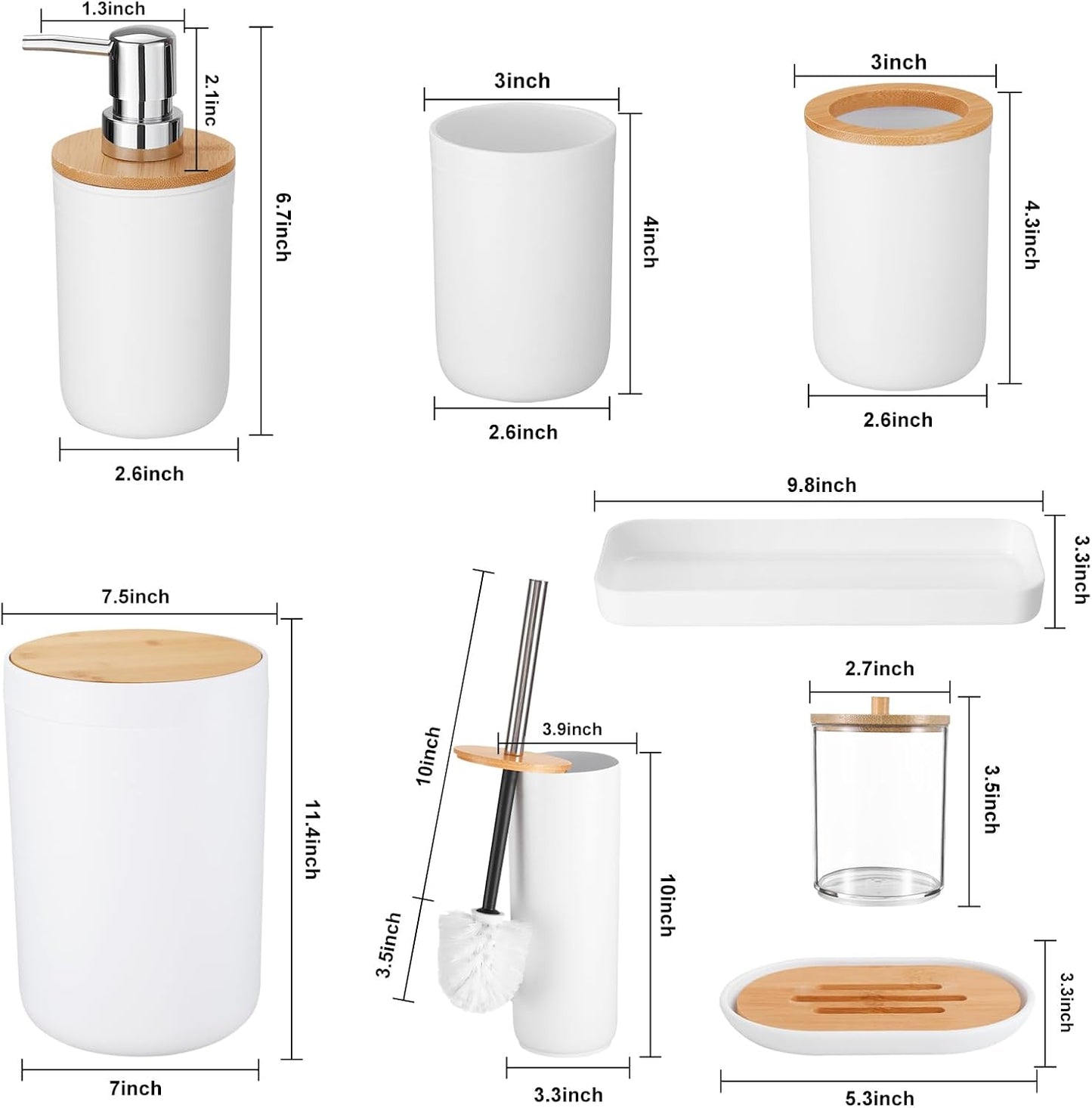 iMucci Bathroom Accessories Set with Trash Can,Toilet Brush,Toothbrush Holder, Lotion Soap Dispenser, Soap Dish,Toothbrush Cup,Qtip Holder(8Pcs White Wood Cover)