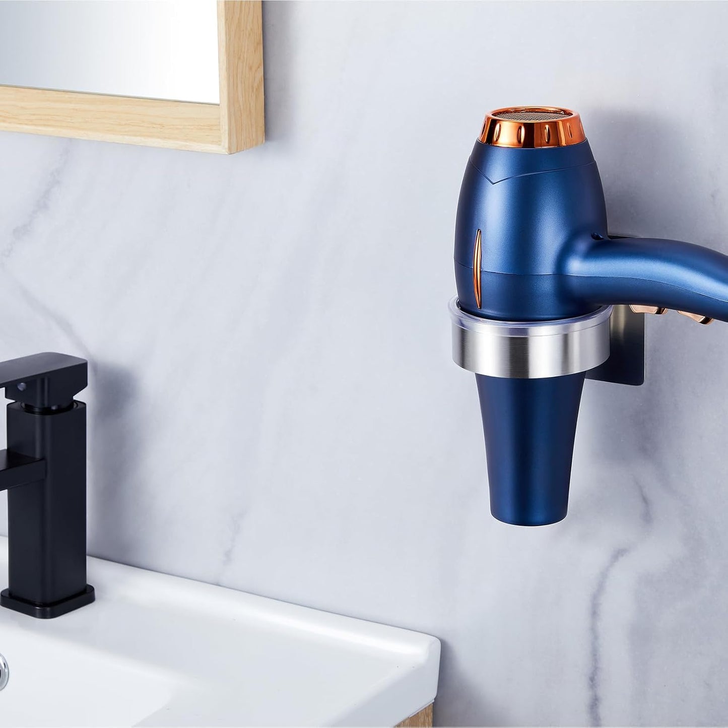 Blow Dryer Holder Wall Mounted, Hair Dryer Holder Stand Adhesive, Bathroom Hair Tool Organizer, Hairdryer Holder Compatible with Most Dryers (Silver)