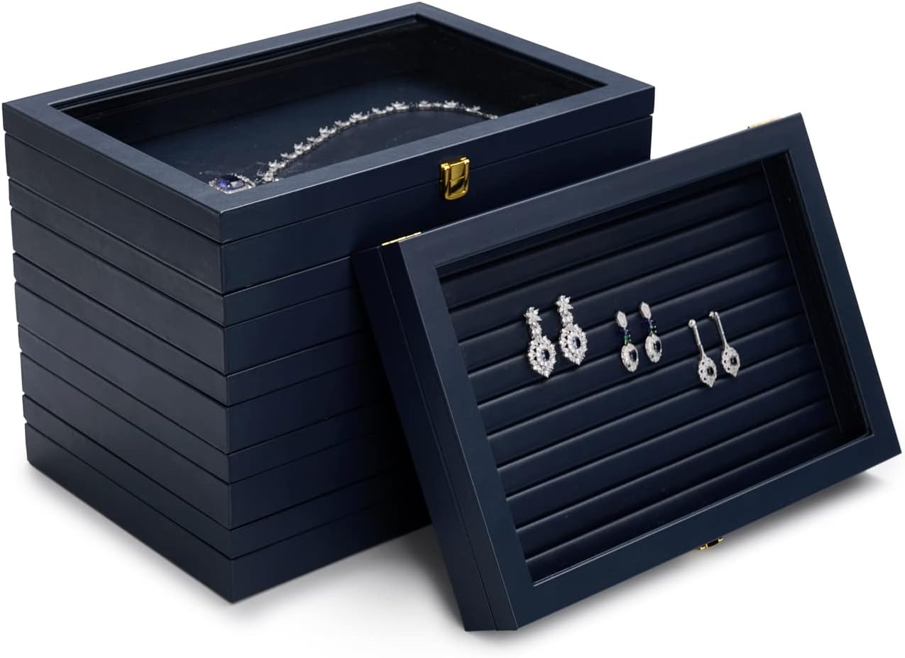 Oirlv Premium Blue Leather 24 Grid Jewelry Tray with Transparent Lid Earrings Rings Organizer Box Stackable Jewelry Box Drawer Inserts Women Gift
