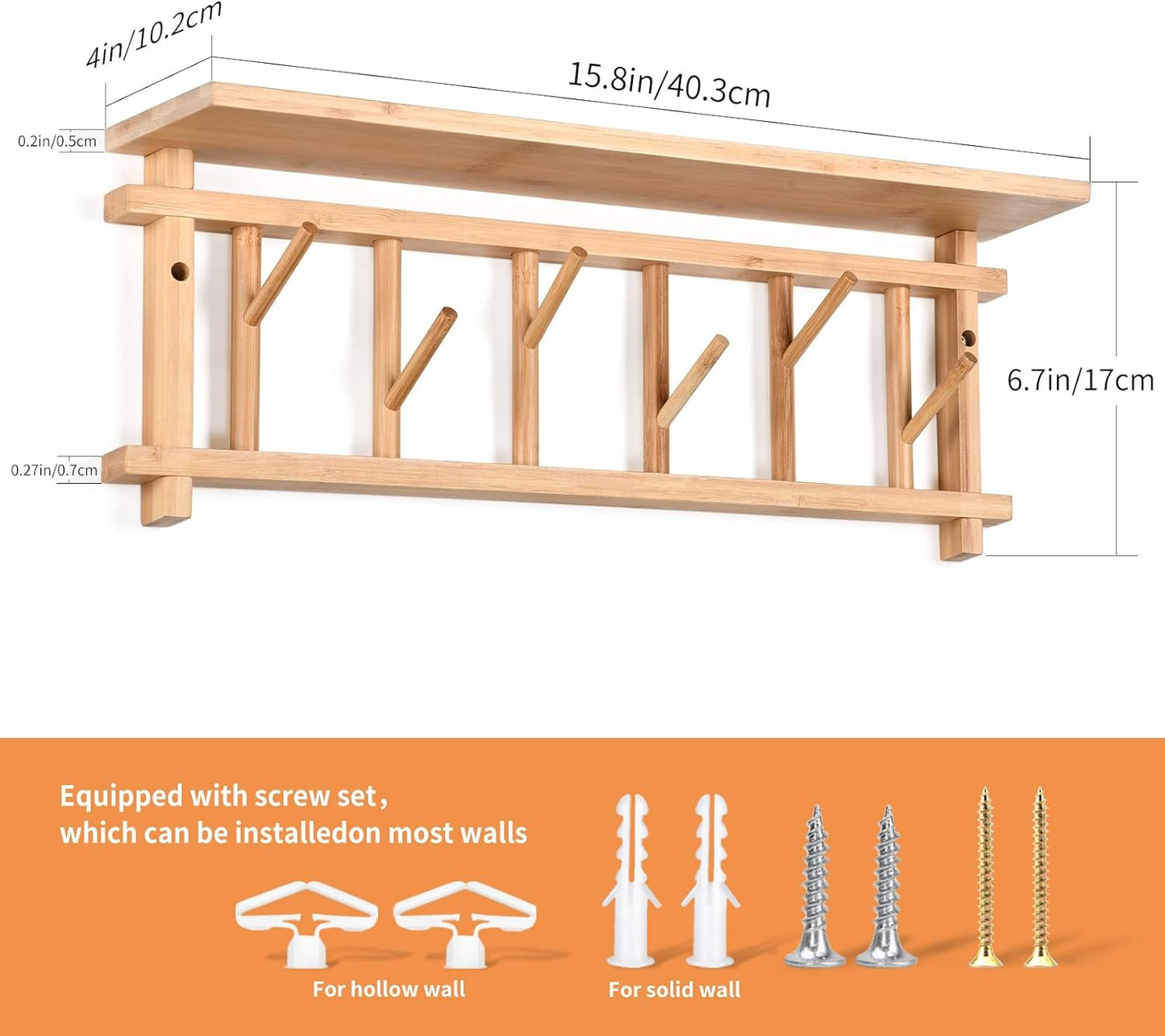 Coat Rack Wall-Mounted with Shelf Coat Hooks Wall Mount with Shelf Entryway Hanging Shelves with 6 Rotating Hooks for Hallway/Living Room/Bedroom/Kitchen (Bamboo)
