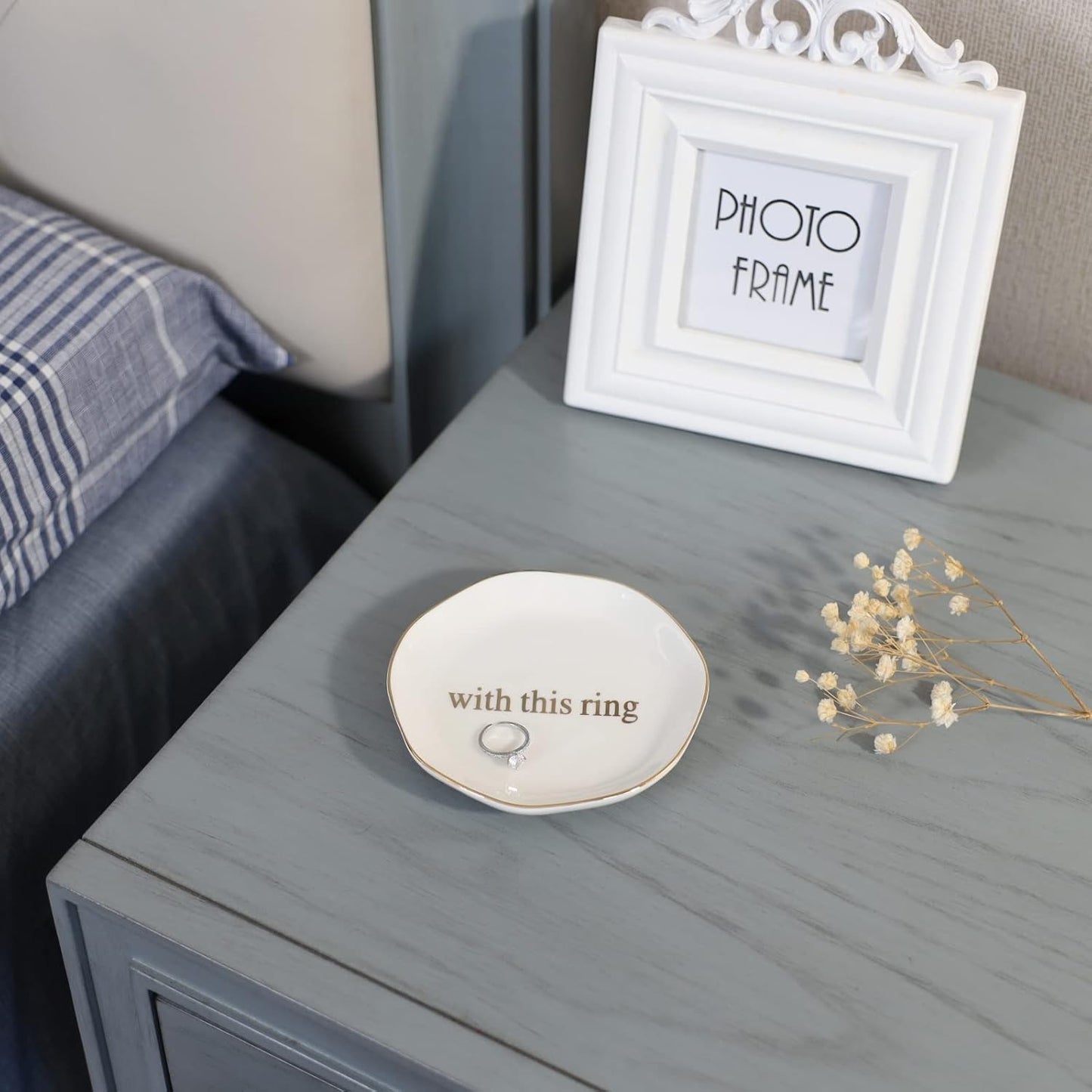 Engagement Wedding Ring Dish-With This Ring Jewelry Dish Tray-Gifts for Bride, Bride to be, Newlyweds, Ceramic White