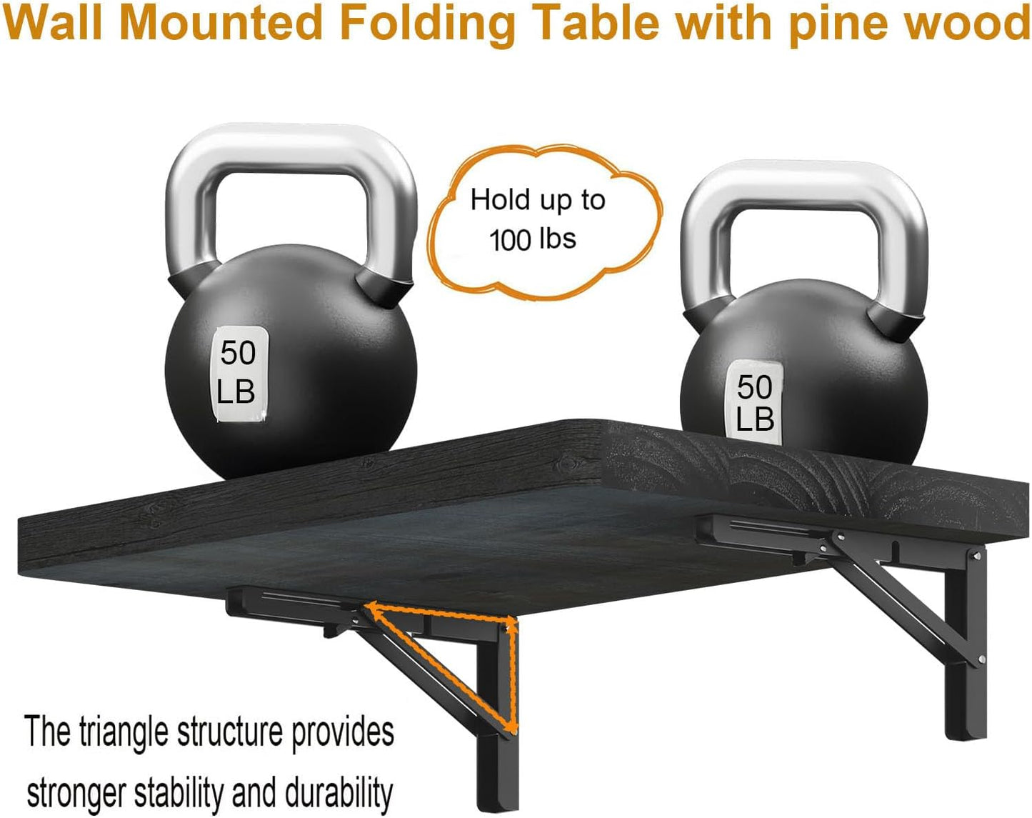 IAE Wall Mounted Folding Table with Pine Wood,24" x 14" Floating Wall Desk,Laundry Folding Table with Shelf Brackets,Fold Down Desk Shelf,Folding Workbench for Home,Dining,Laundry Room,Kitchen,Black