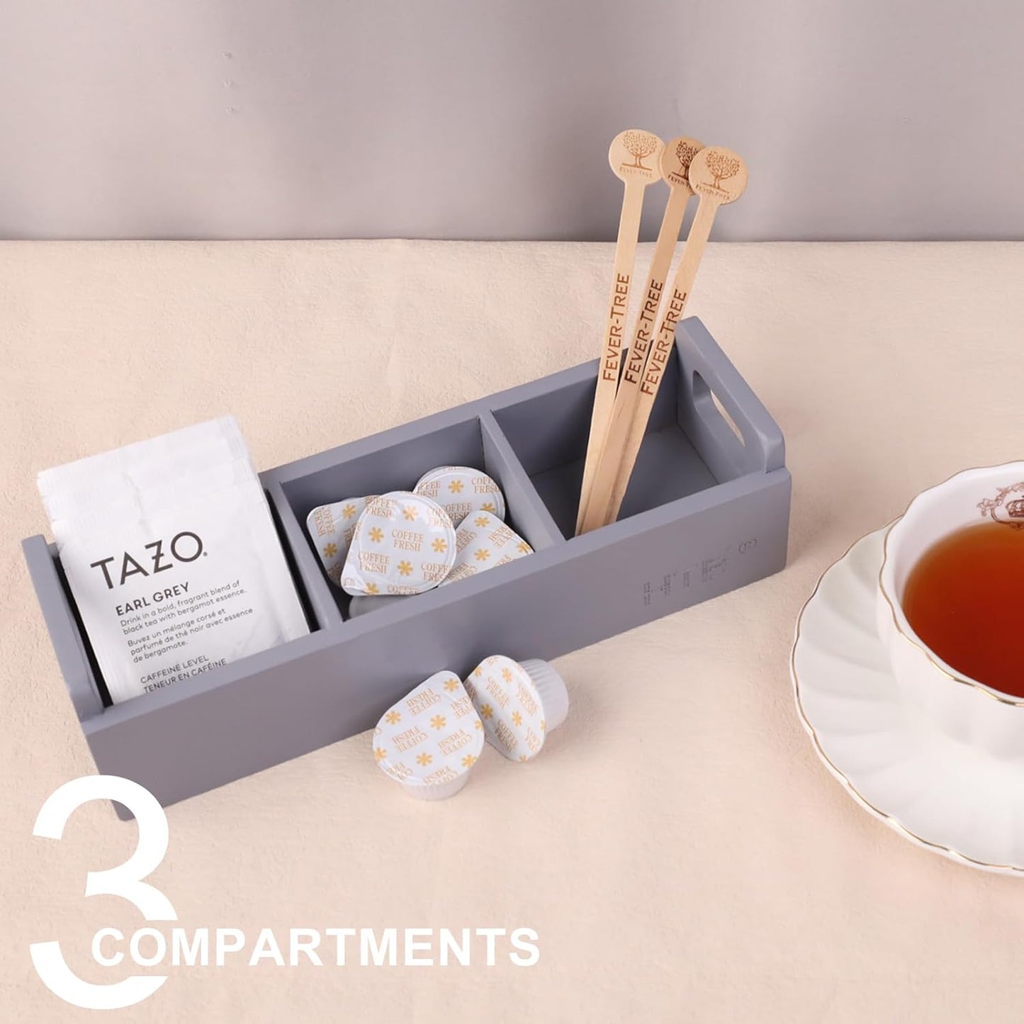 HTB Slim Tea Bag Organizer 2pcs, Grey 3 Compartments Tea Box Wooden with Handle for Small Space, Wood Tea Organizer for Tea Bags