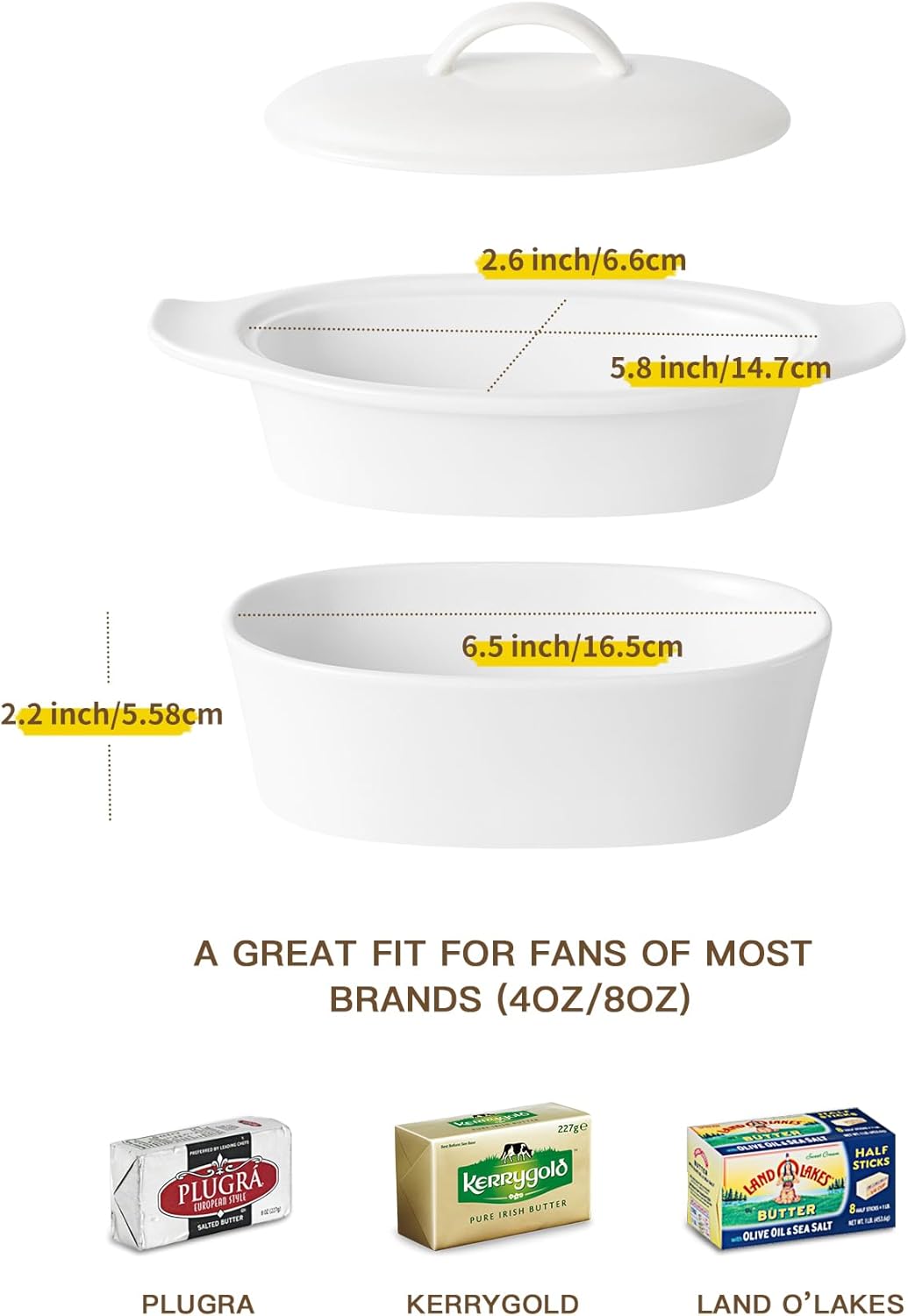 Butter Dish with Lid for Countertop - Porcelain White, 3pcs Large Butter Dish with Lid, Butter Keeper Container with Waterline Pefect for Daily Storage, Butter Holder with Handle - for Kitchen Decor