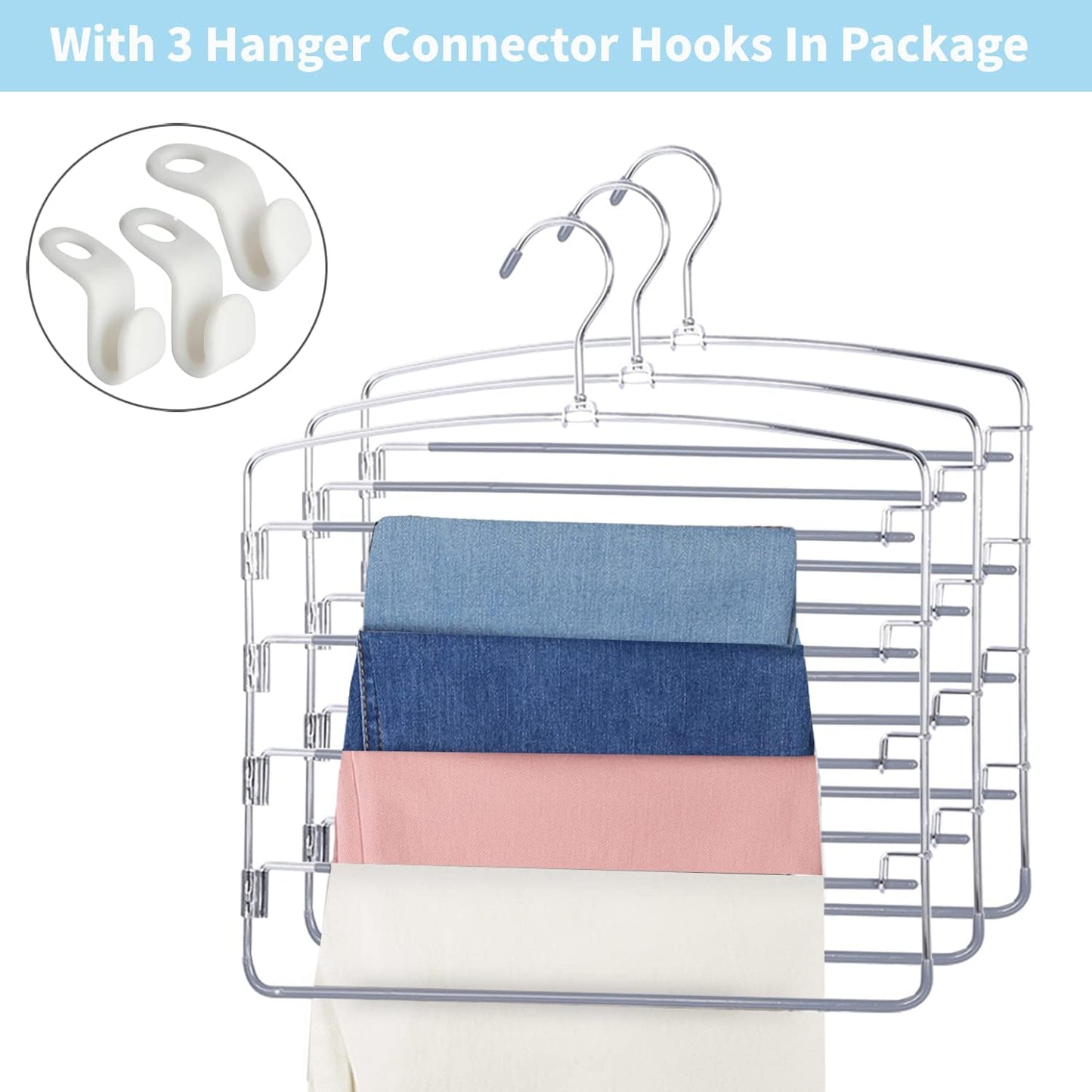 FeeraHozer Pants Hangers Space Saving 3 Pack No Slip 5 Layers Multi Functional Pants Rack Stainless Steel Swing Arm Space Saver Hanger for Trousers Jeans Towels Scarf (Grey)
