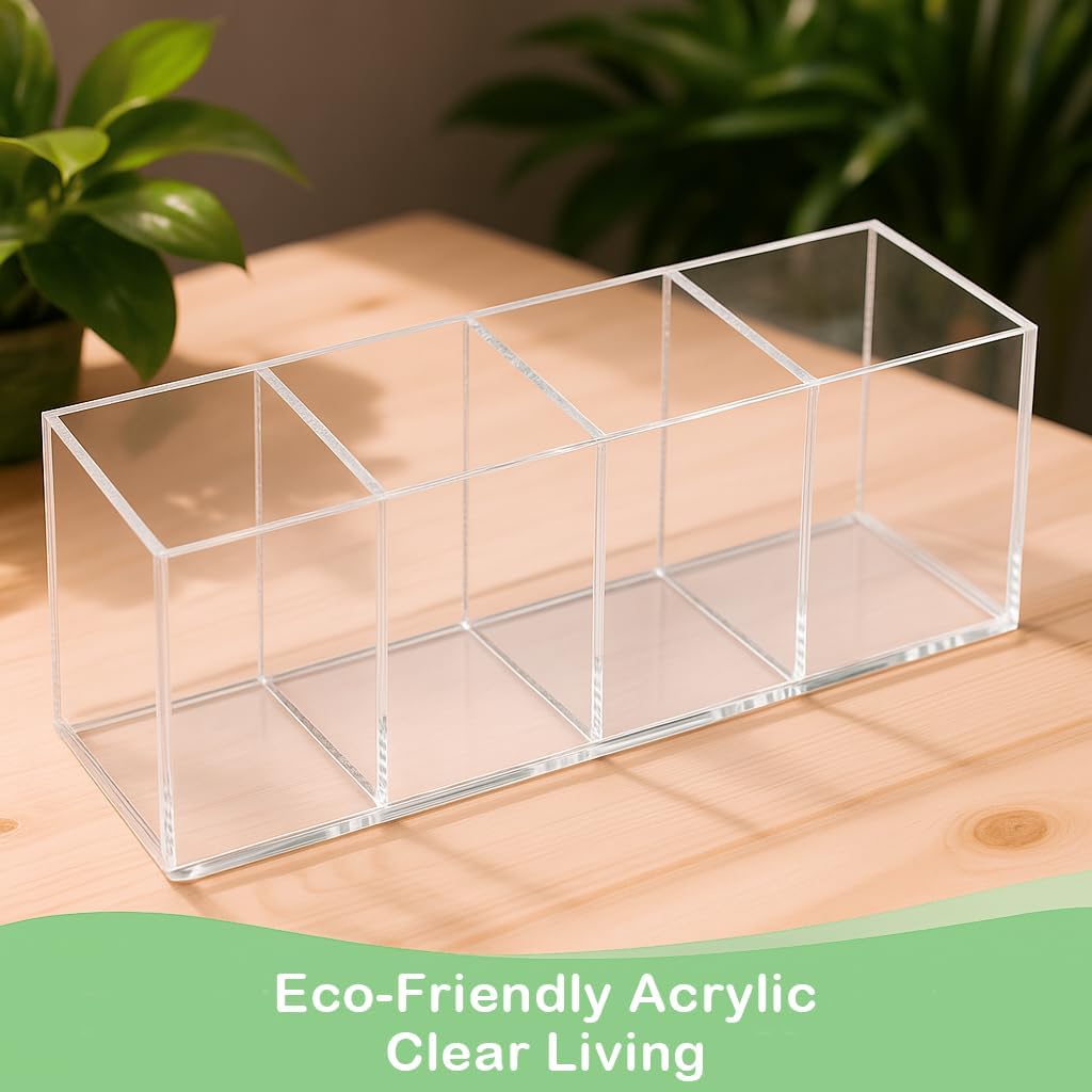 Clear Acrylic 4-Compartment Organizer Box, Large (8.7" × 3.0" × 3.7") – Handcrafted, Eco-Friendly, Minimal Packaging Home Storage Organizer