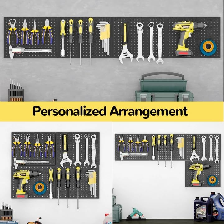 Peg Board,4 Pack Metal Pegboard Panels,Black Pegboard Wall Organizer,16"x12" Heavy Duty Peg Boards for Walls,Tools,Garage,Office,Kitchen