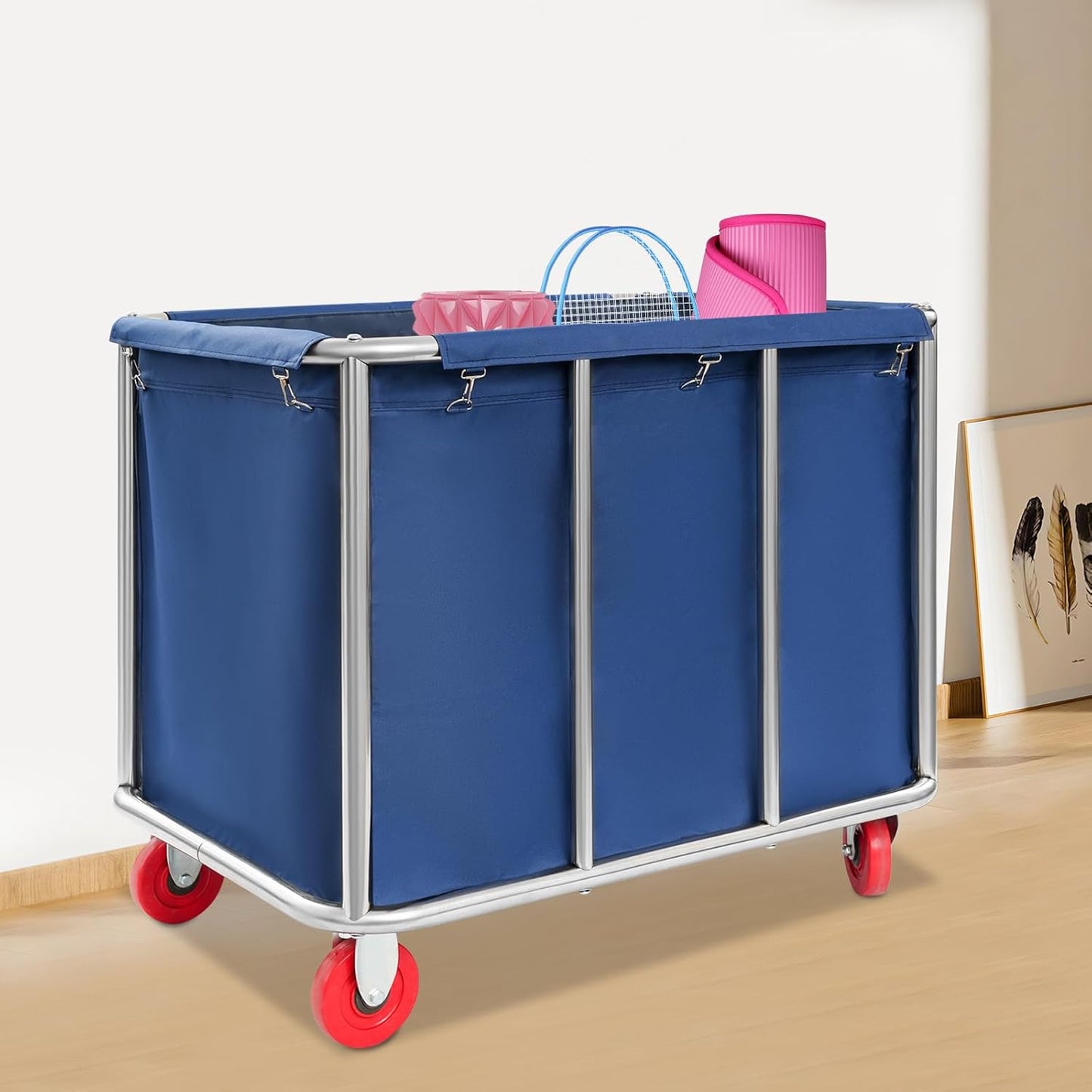 Commercial Laundry Cart with Wheels,Laundry Hamper Cart,Heavy Duty Rolling Laundry Basket with Large Capacity,Laundry Sorter Trolley for Home Hotel Apartment (Blue, 35.43 * 25.6 * 31.5in)