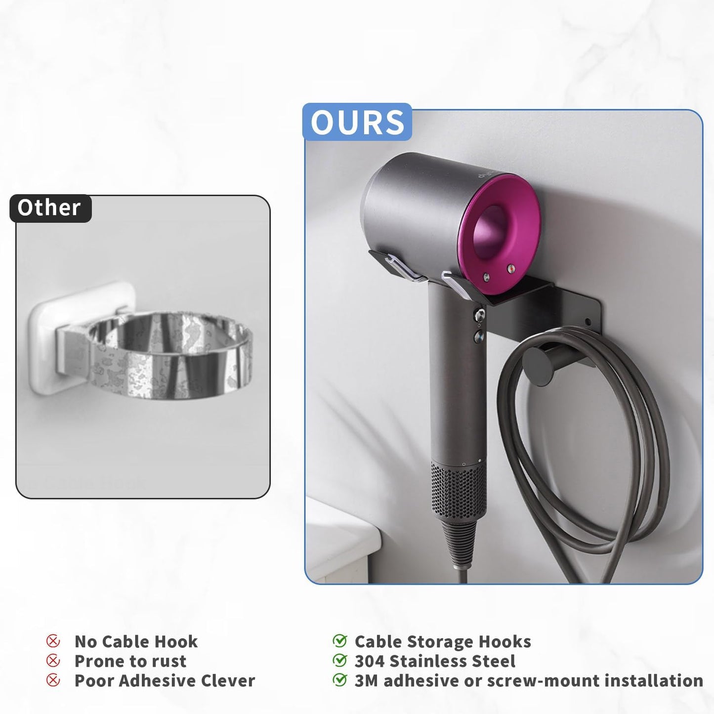 Hair Dryer Holder Stainless Steel, Blow Dryer Holder Self Adhesive, Dyson Hair Dryer Holder Wall Mounted Compatible with Dyson, Hairdryer Holder for Bathroom Black PTALSEAW