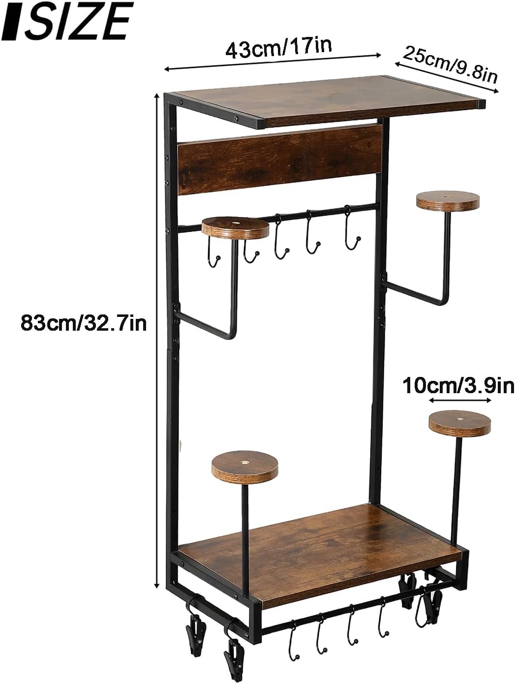 Motorcycle Helmet Rack, Wall Mount with 4 Glove Chips, 10 Hooks and Rustic Finish for Multiple Helmets and Clothes