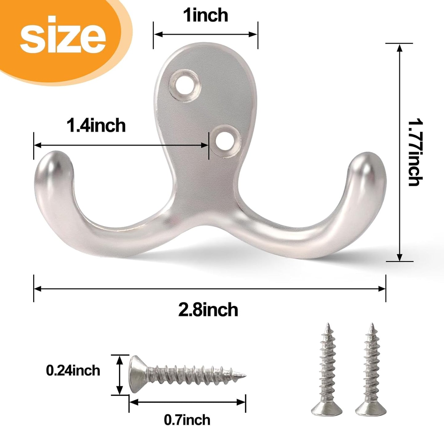 10 Pack Coat Hooks Wall Hooks for Hanging, Heavy Duty Double Prong Metal Hook Wall Mounted for Living Room, Bathroom, Kitchen, Bedroom for Coat, Bag, Scarf, Towel, Hat, Key, Cup (Silver)