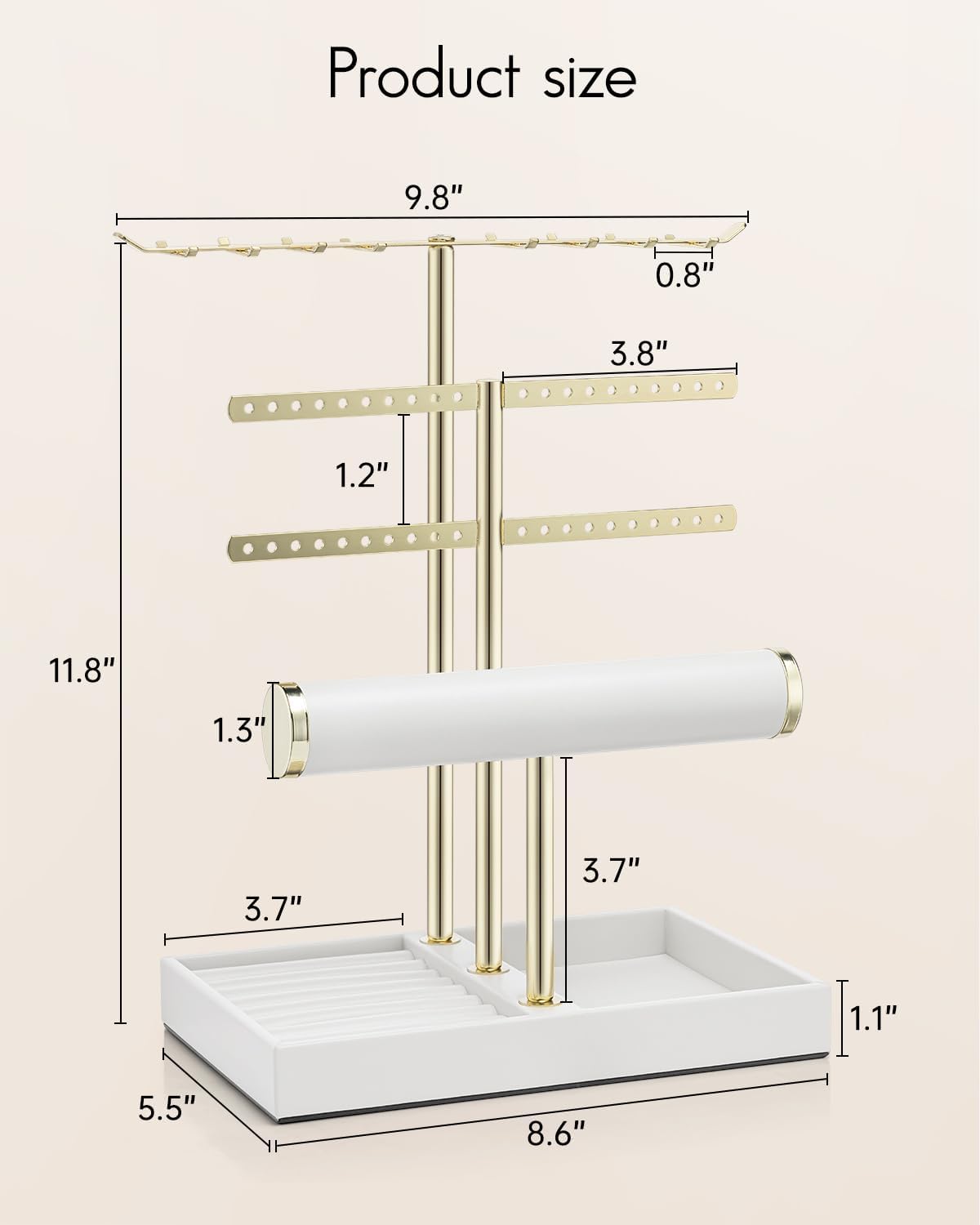 Vlando 3 Tier Jewelry Stand Organizer with Tary, Leather Jewelry Holder Display for Women, Gold Jewlery Holder Display for Necklace, Earring, Bracelet, Rings - White