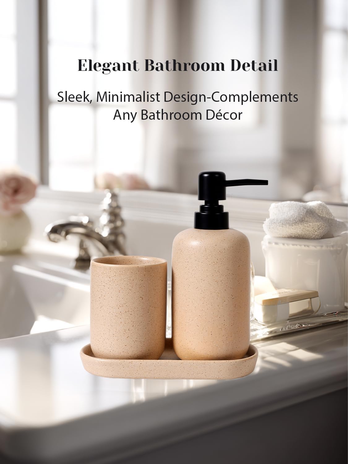 INGOFIN 3 Pcs Ceramic Bathroom Accessory Set - Liquid Soap Dispenser, Toothbrush Holder & Tray, Bathroom Counter Set, Countertop Essentials for Home, Guest Bathroom, or Office Use, Beige