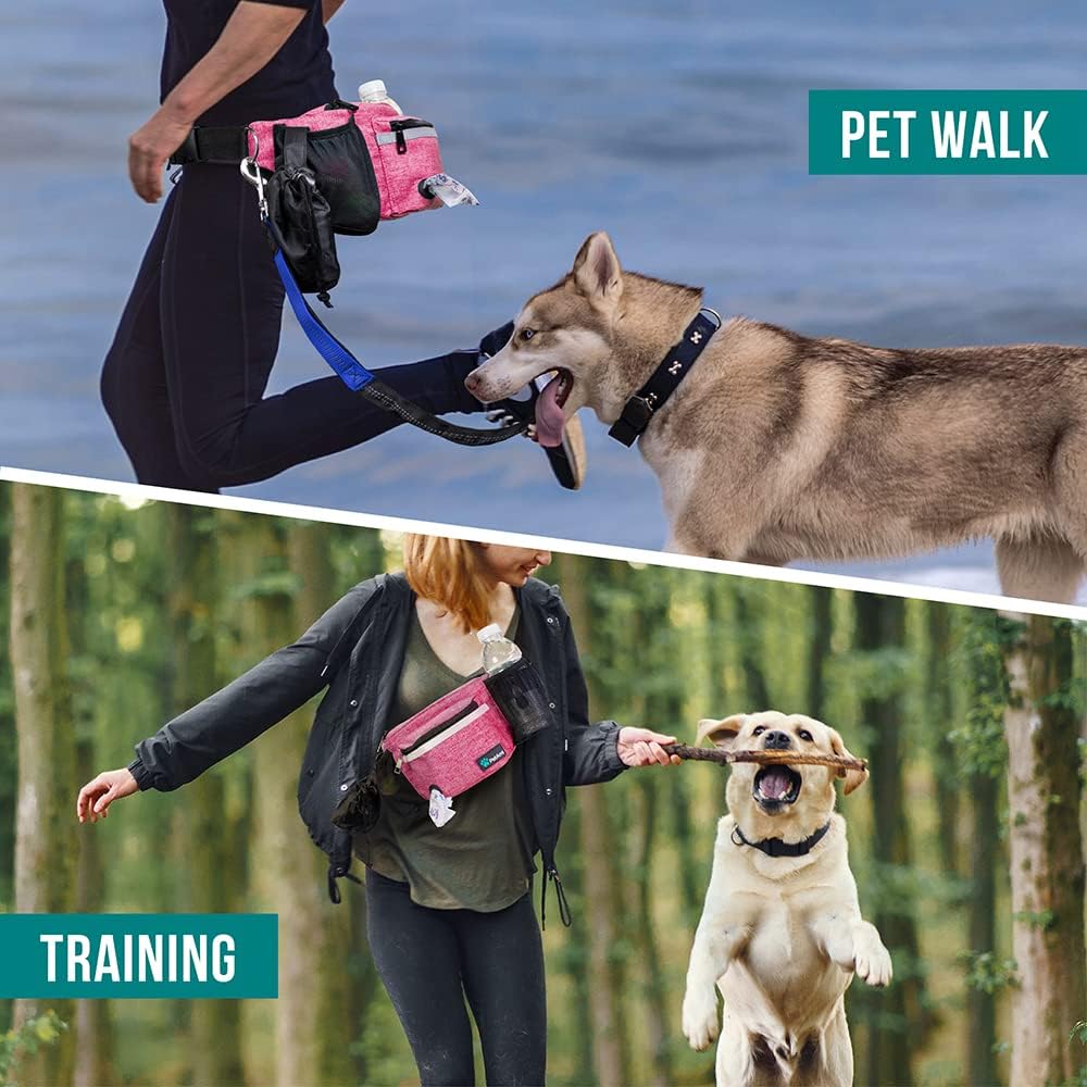 PetAmi Dog Fanny Pack, Treat Pouch for Dog Walking, Training, Built in Poop Bag Dispenser, Water Bottle Holder, Collapsible Bowl, Pet Treat Waist Belt for Hiking, Running, Kibbles (Pink)