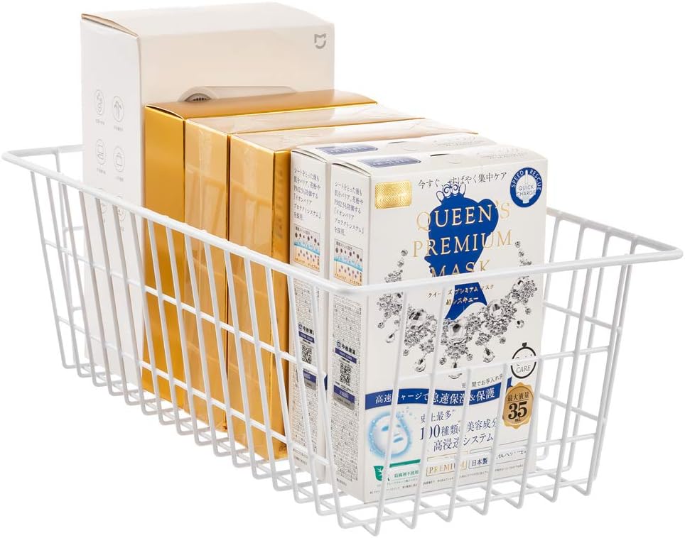 Wire Storage Basket Freezer Organizer Bins Food Storage Baskets with Handles Pantry Organizer for Kitchen Cabinets Closet Bedroom Bathroom,Set of 2,White
