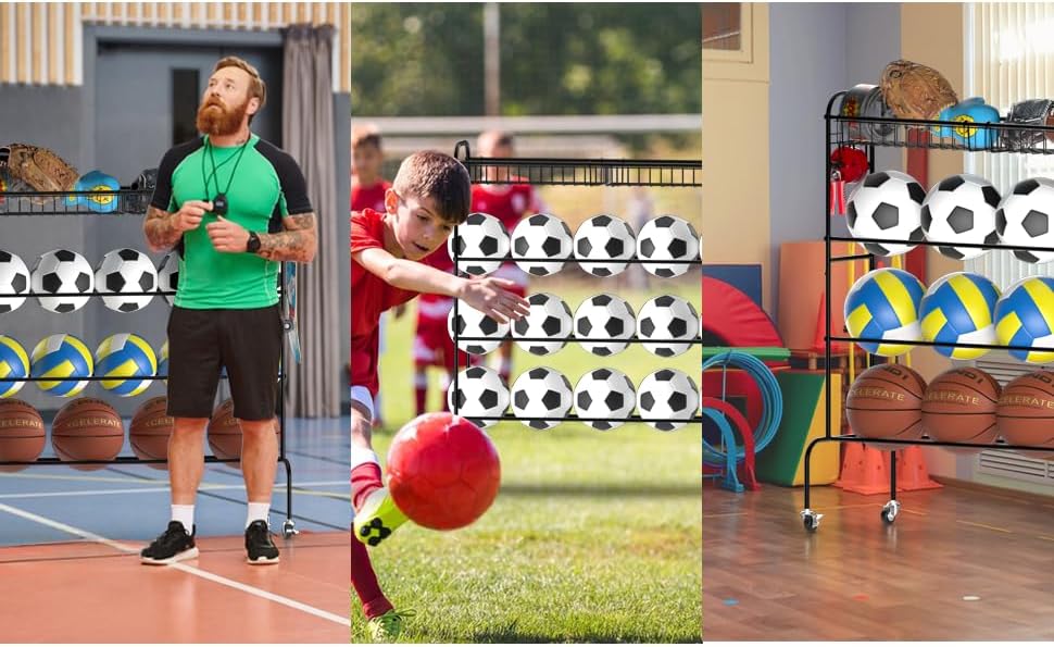 Ball Storage - Basketball Cart With Wheels Garage Volleyball Storage Sport Equipment Holder Organizer For Indoor Outdoor,Metal Storage Rack For Playgroup,Gym And School