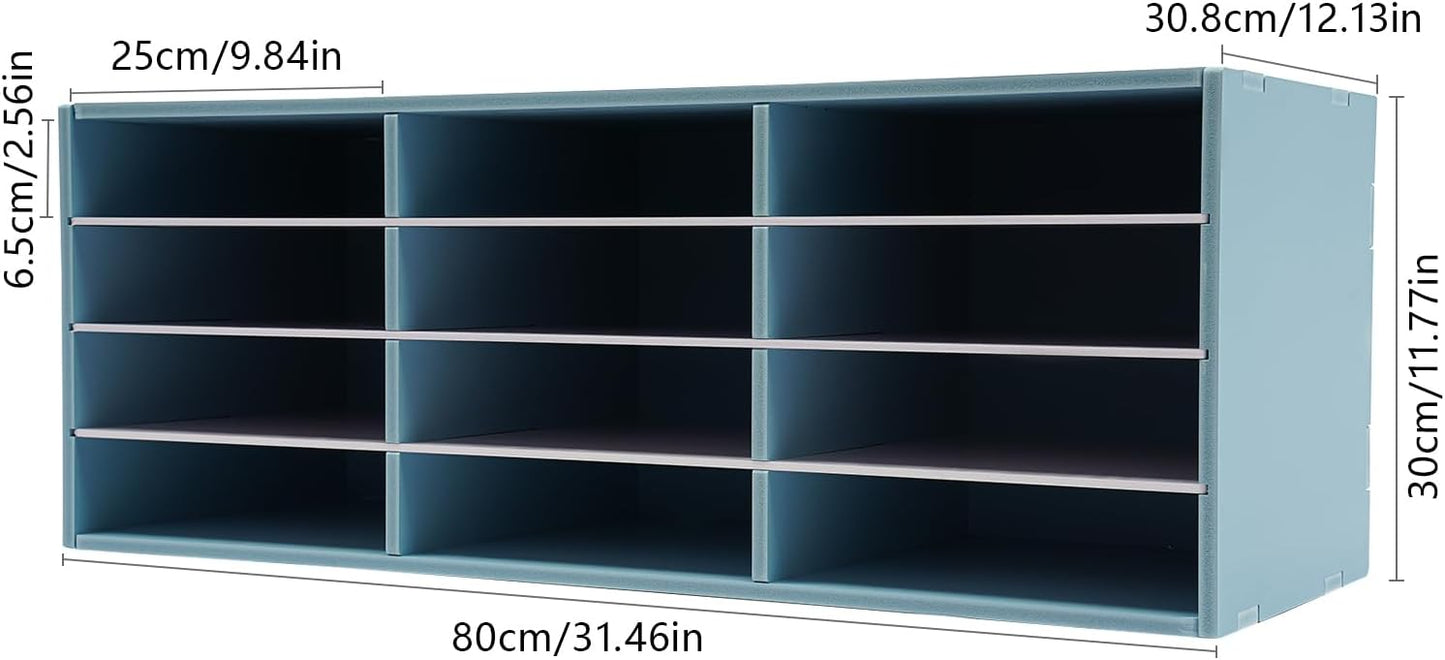Mail Sorter Organizer, 12 Compartments Mailbox for Classroom, Desktop File Organizer with Adjustable Shelves, for Office Home Classroom, PVC, Blue
