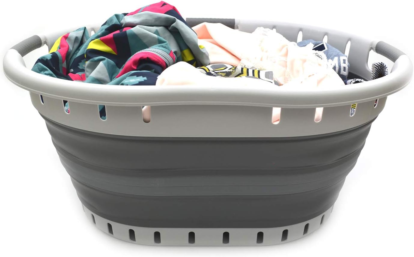 SAMMART 57L (15 Gallons) Collapsible 3-Handled Plastic Laundry Basket - Oval Tub - Portable Washing Tub - Pop up Laundry Hamper (1 pc - Oval, Dark Grey)