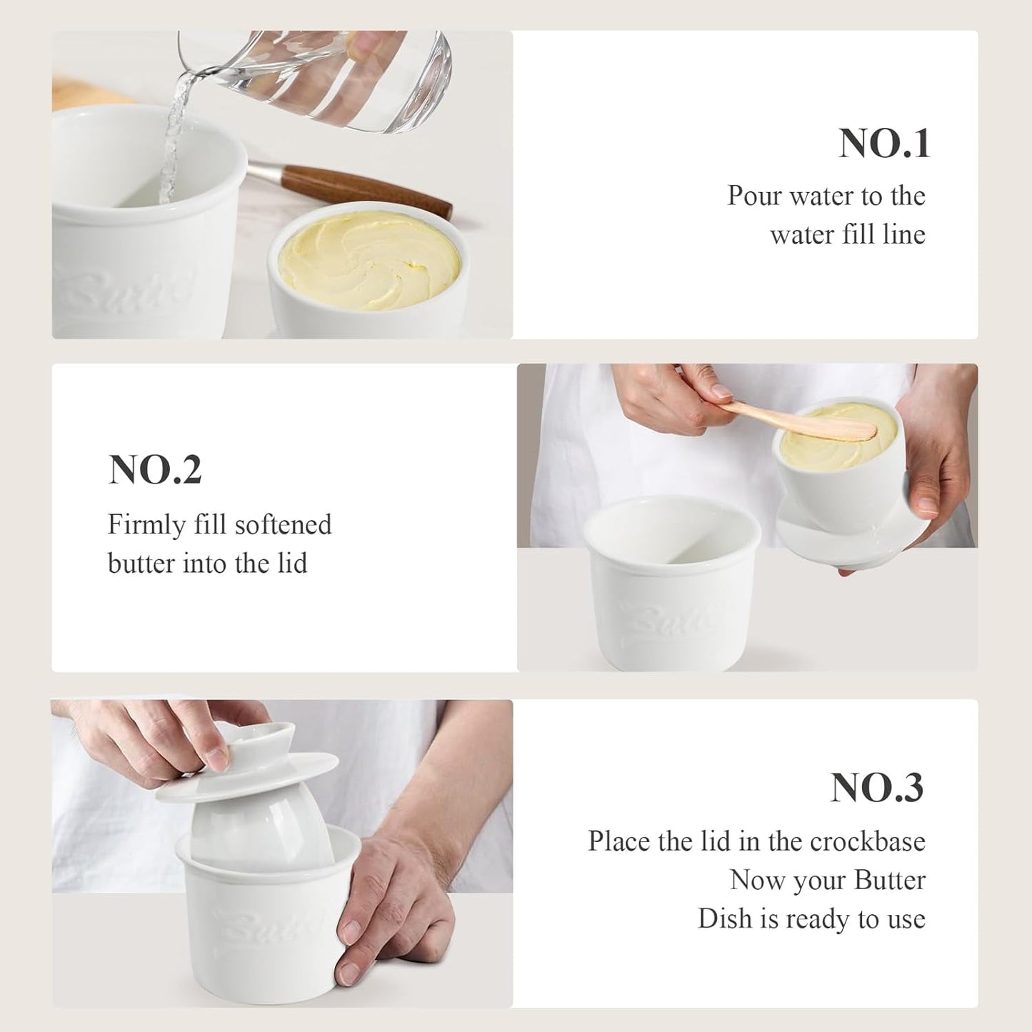 Butter Crock for Counter with Water, French Butter Keeper for Spreadable Butter Ceramic Butter Dish with Lid for Countertop, Butter Container Holder, Home Kitchen Decor (White, M)
