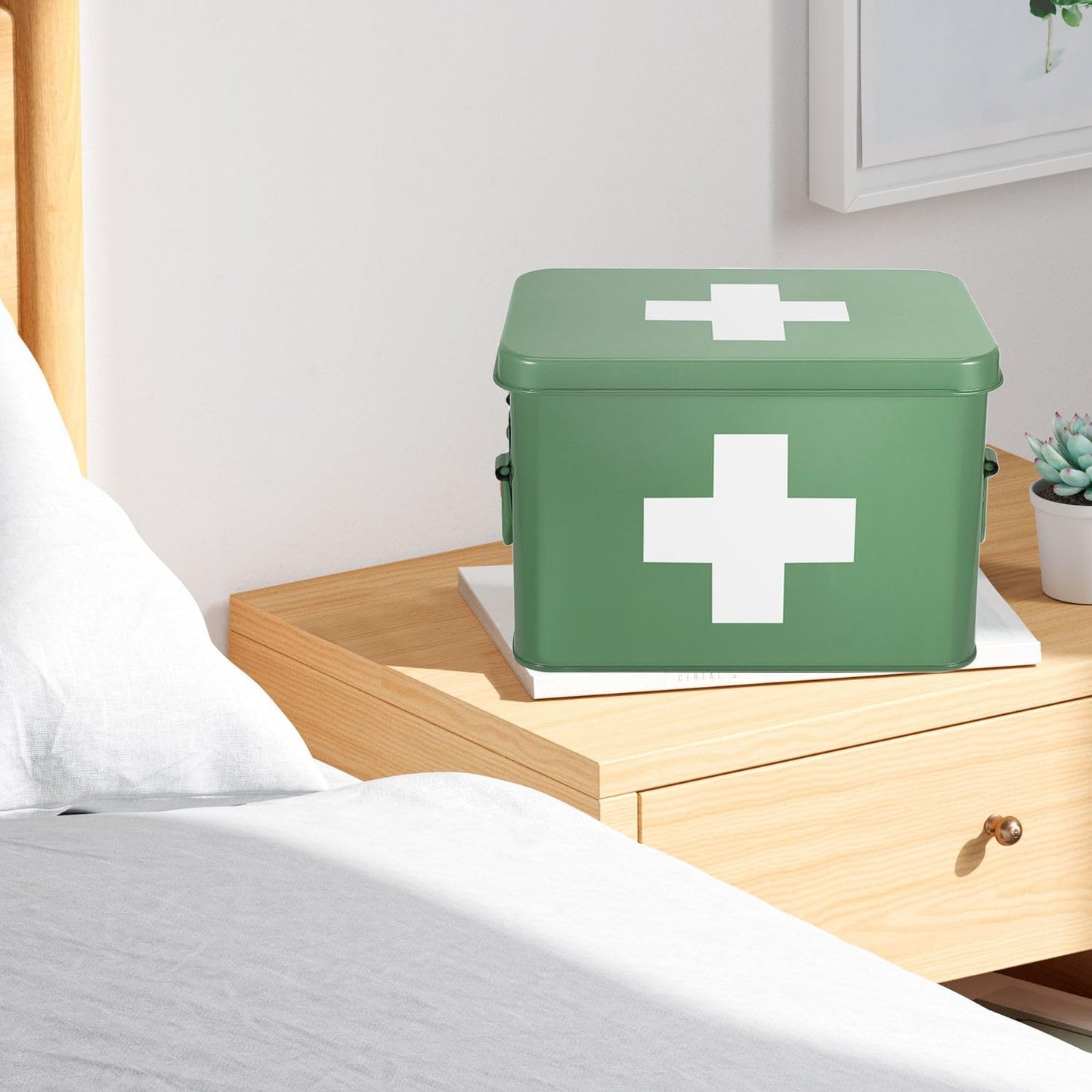 Flexzion Medicine Box, Home Pharmacy Box, 33 x 21 x 19 cm, Metal Medication Storage for Emergency, First Aid Cabinet, with Side Handles, Removable Tray & 5 Compartments, Green