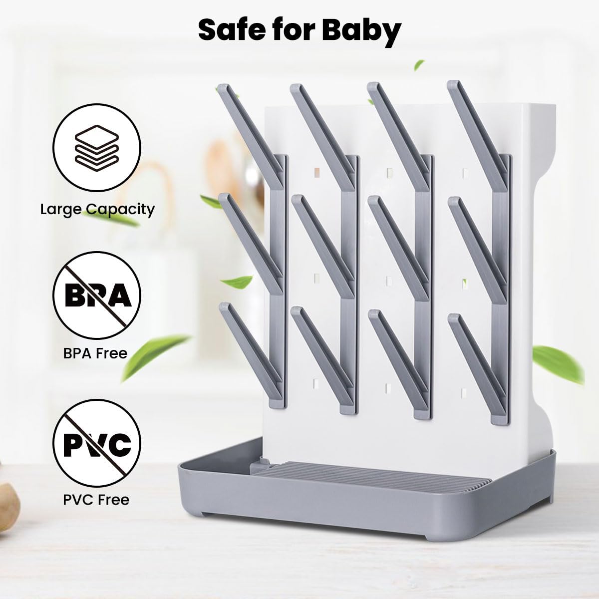 Baby Bottle Drying Rack: Vertical Space Saving Large Bottles Holder - Standing Boon Dryer Rack Baby Accessory - Countertop Holds Up to 12 Bottles & Pump Part Cleaning & Cup (Blue) (Gray)